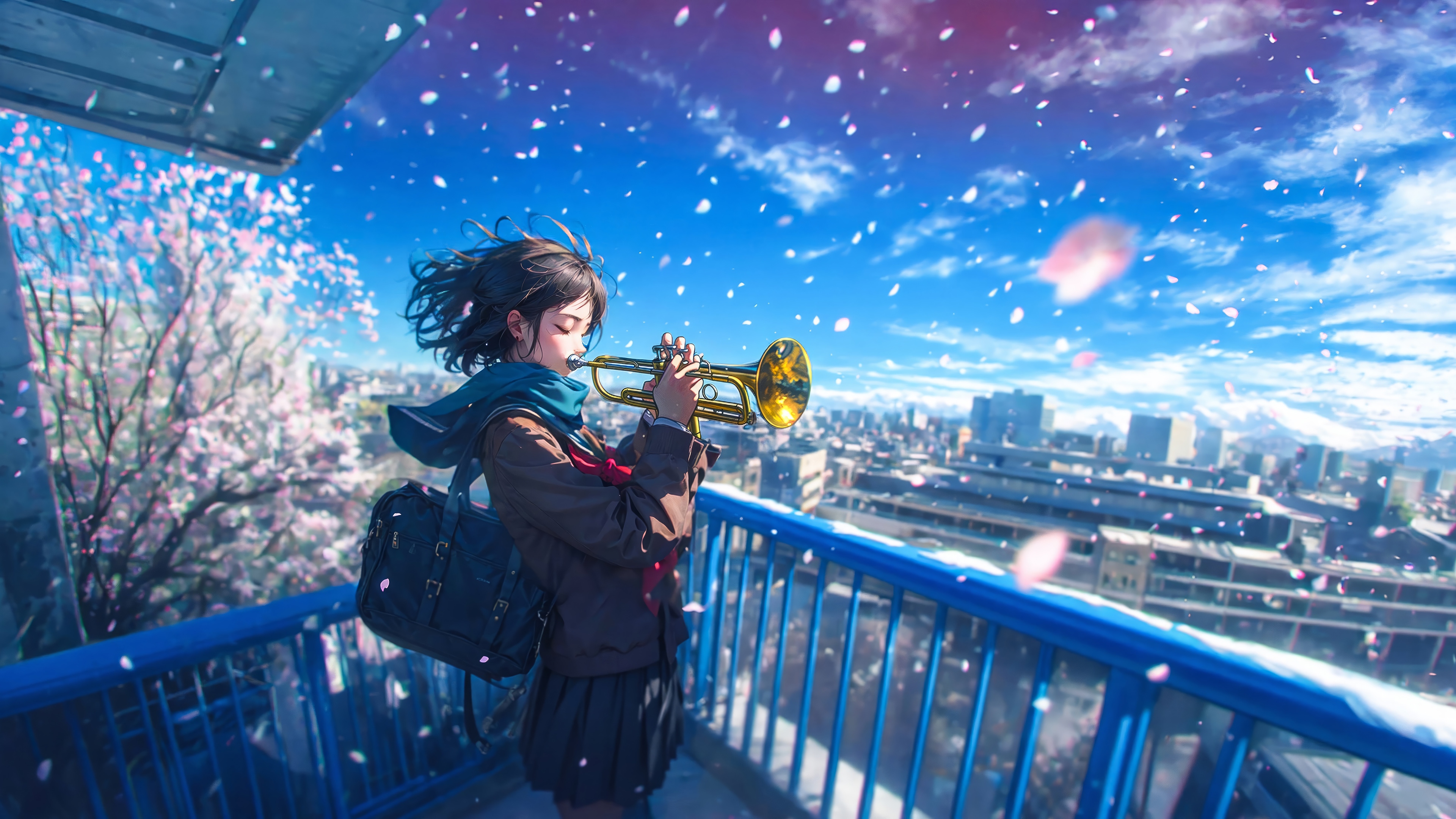 Anime Girl Playing Trumpet with Cherry Blossoms 4K HD Wallpaper