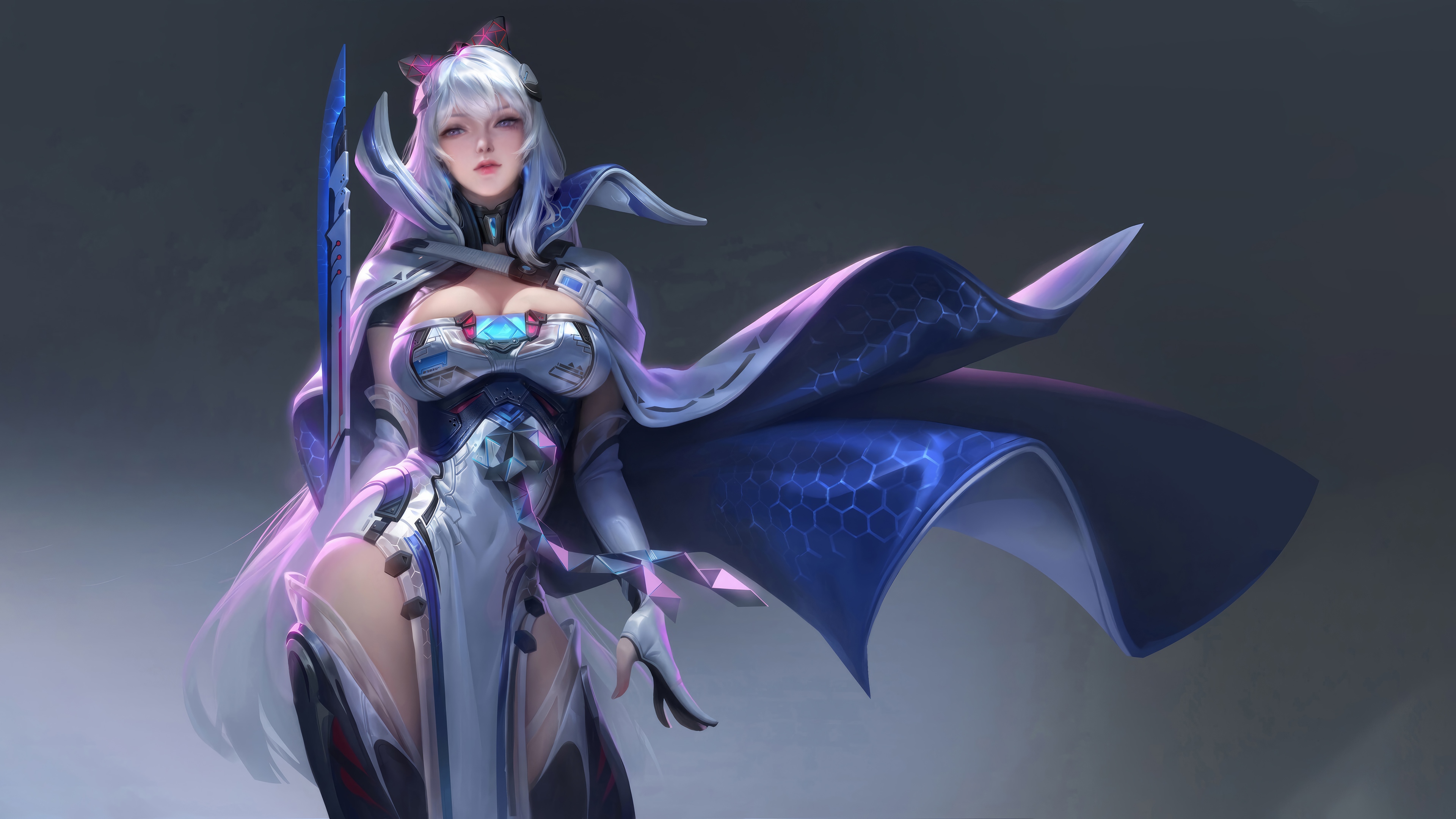 Sci-Fi Warrior Girl with White Hair and Sword 4K HD Wallpaper