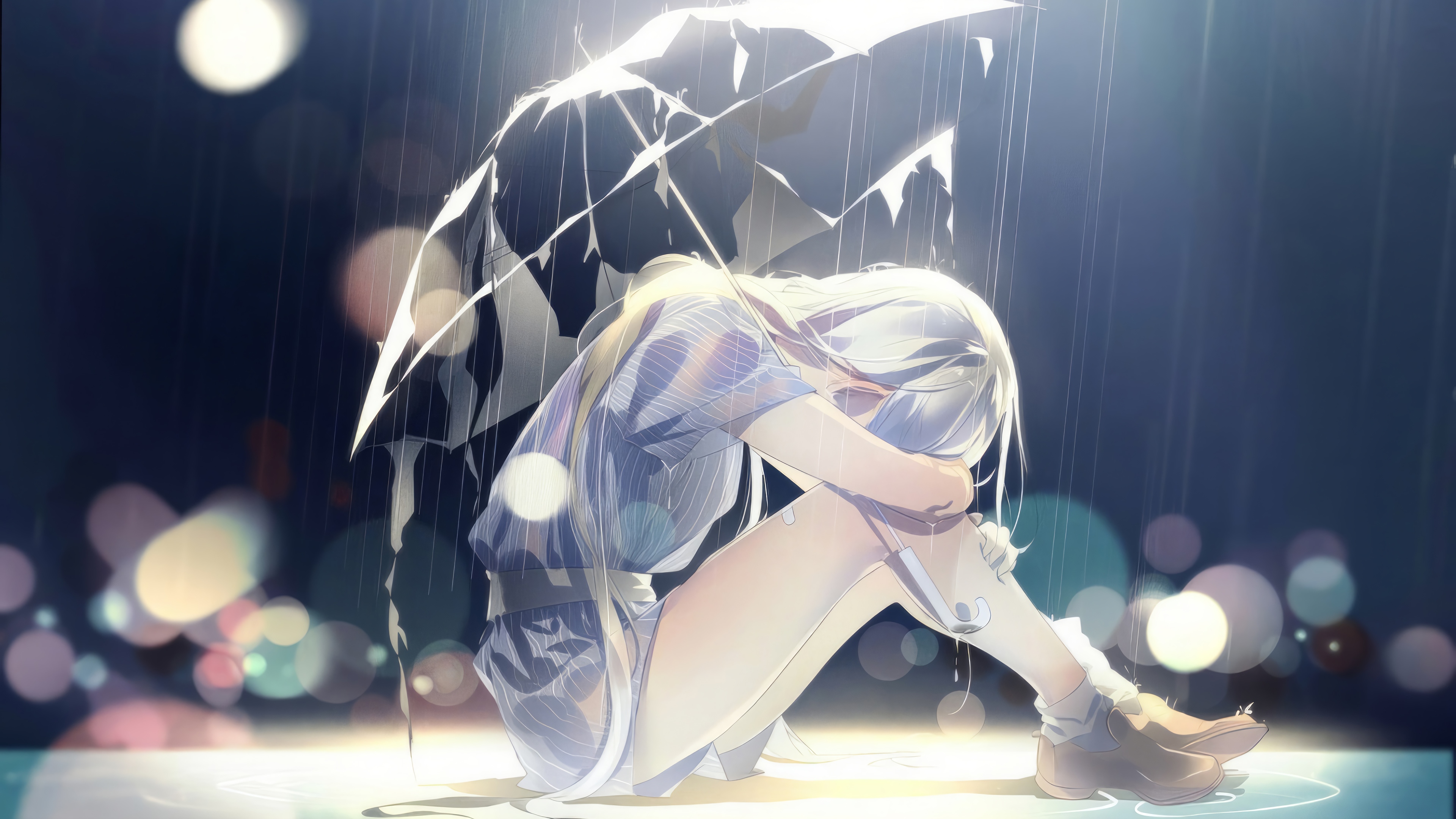 Anime girl sitting alone under a broken umbrella in the rain HD Wallpaper