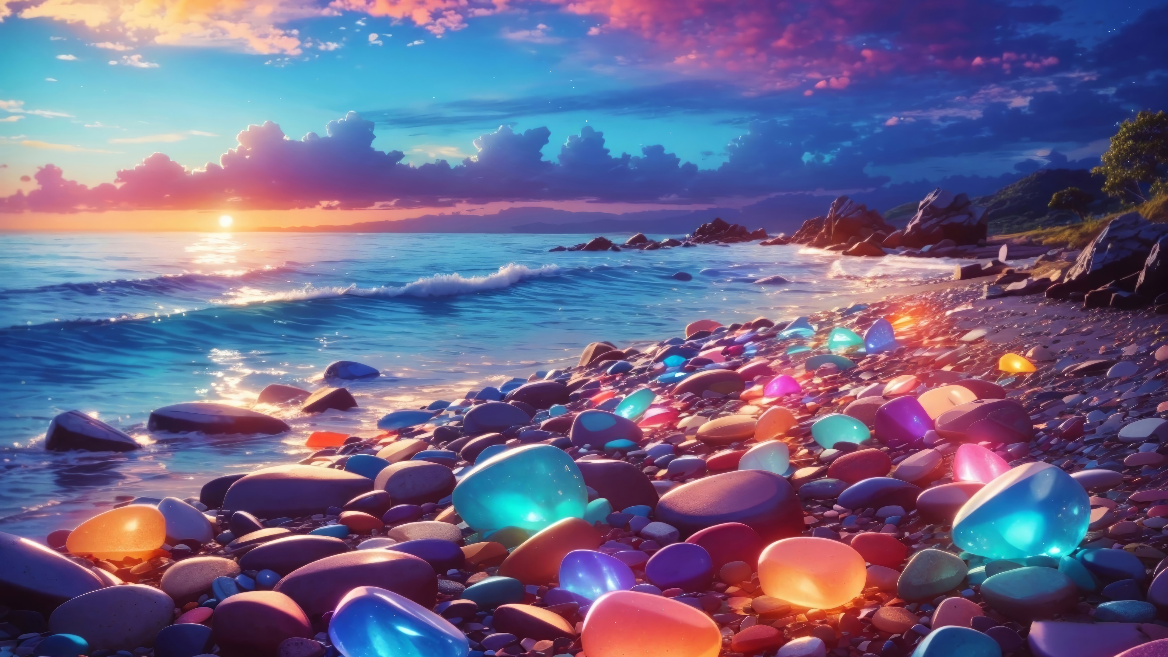 Colorful Pebbles on a Beach at Sunrise HD Wallpaper