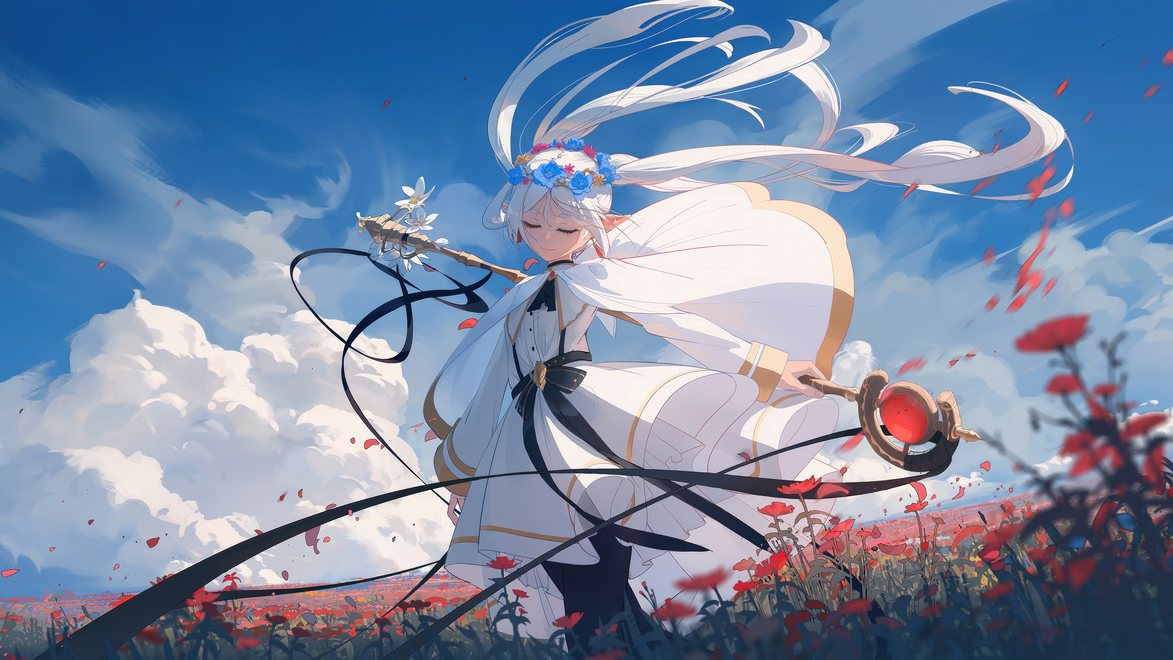 Frieren in a field of red flowers under a blue sky HD Wallpaper