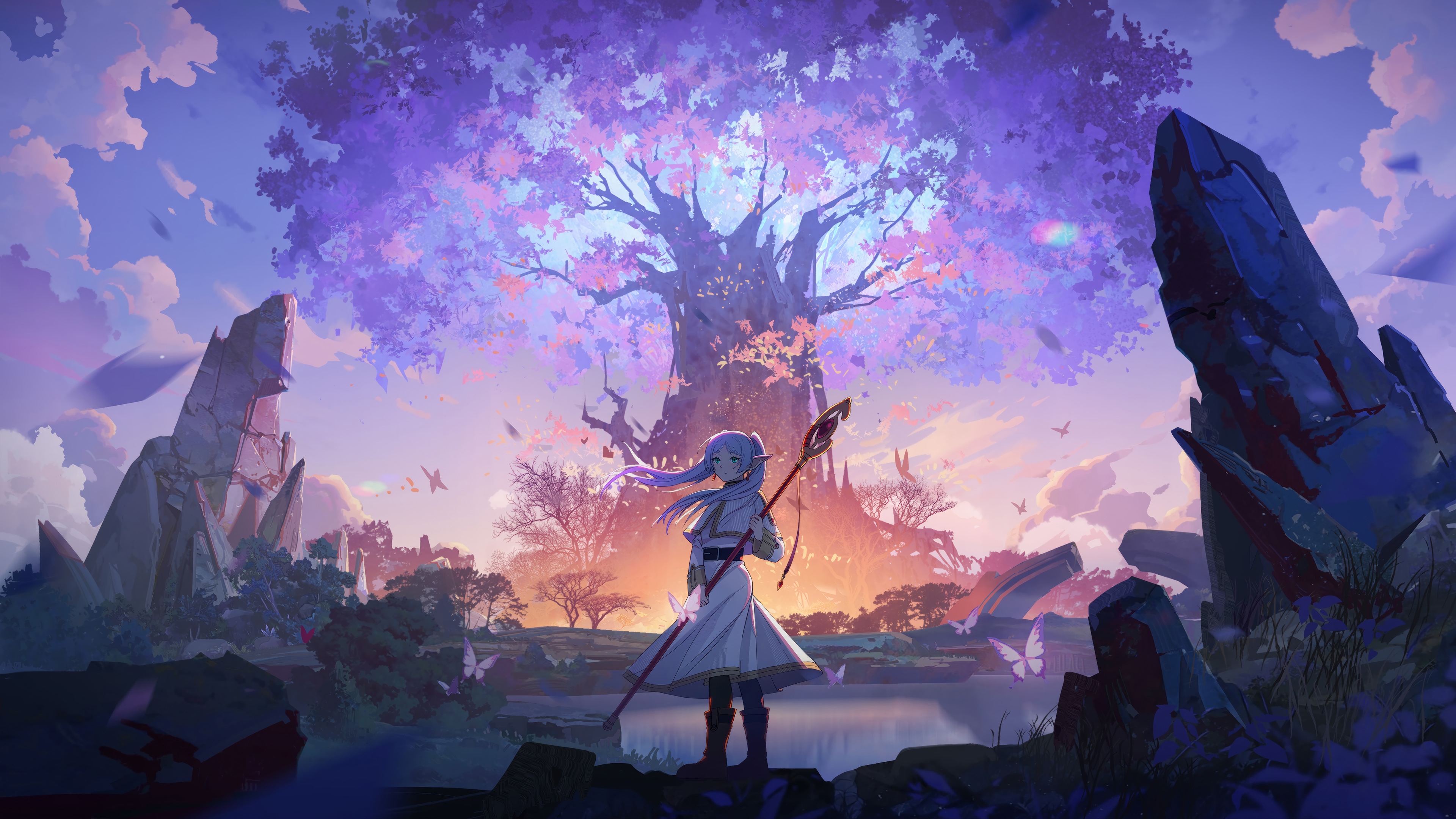Frieren under a giant purple tree HD Wallpaper