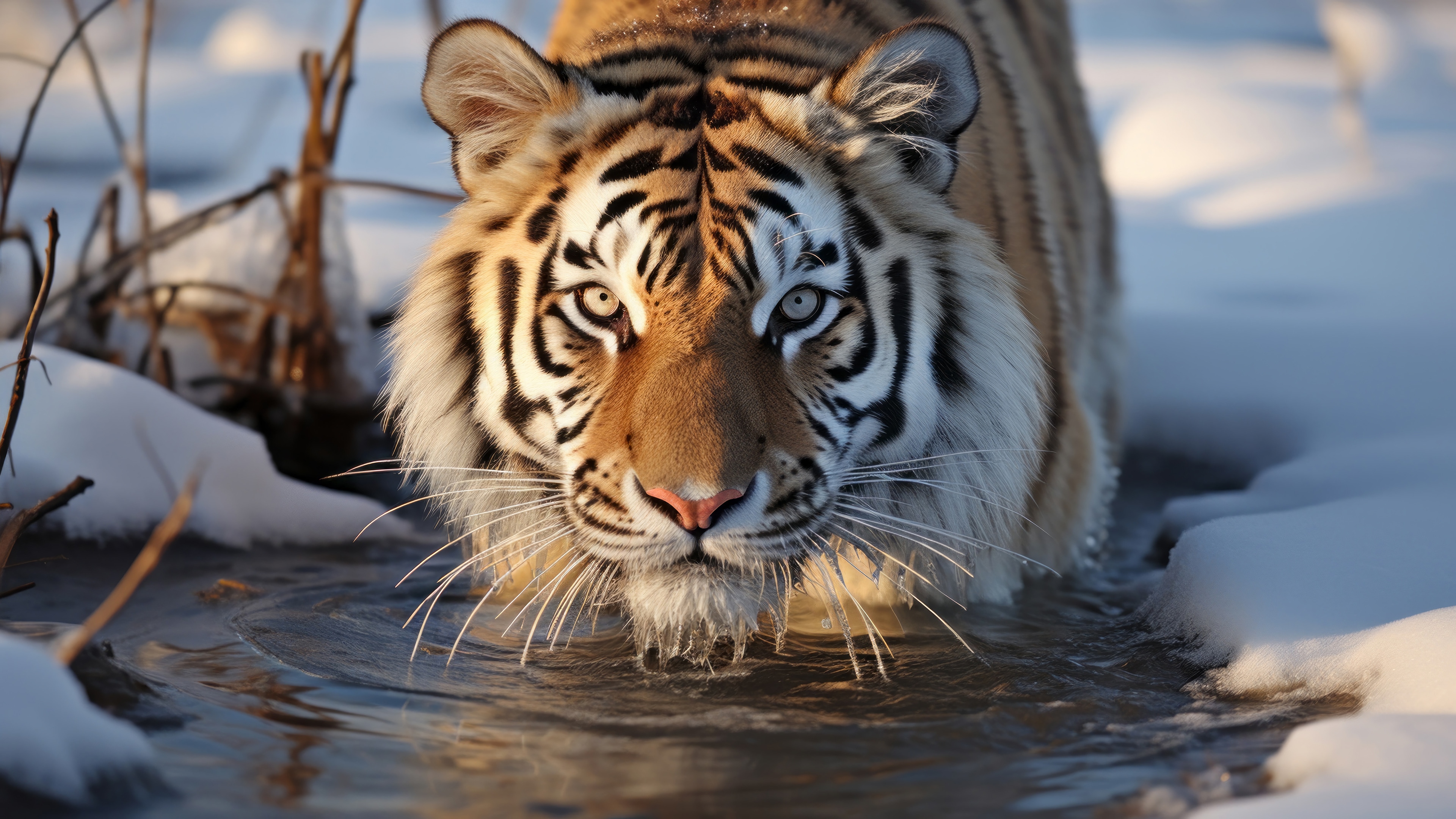 Tiger walking in shallow water in snow HD Wallpaper