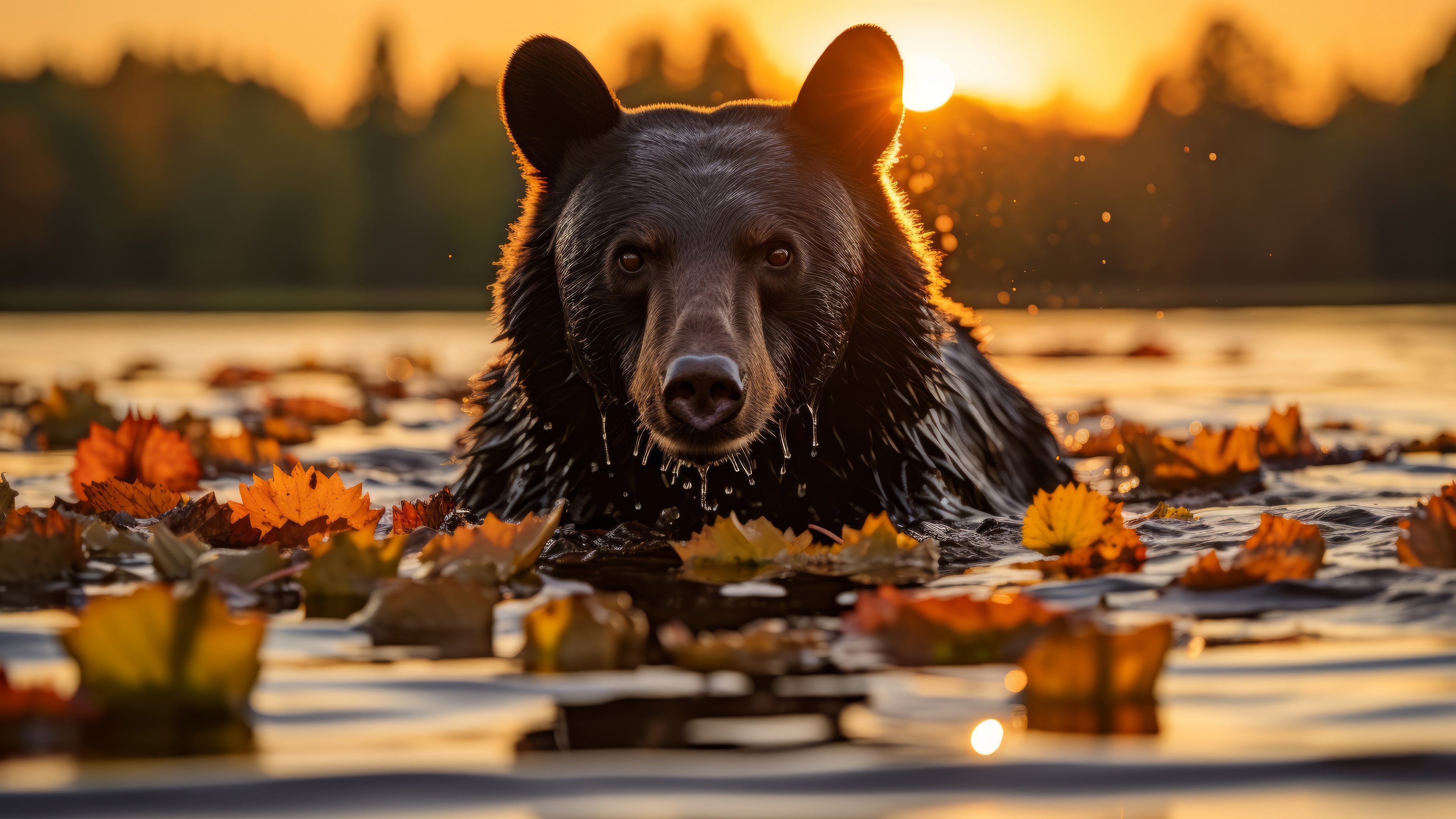 Black Bear in Water with Autumn Leaves at Sunset 4K HD Wallpaper