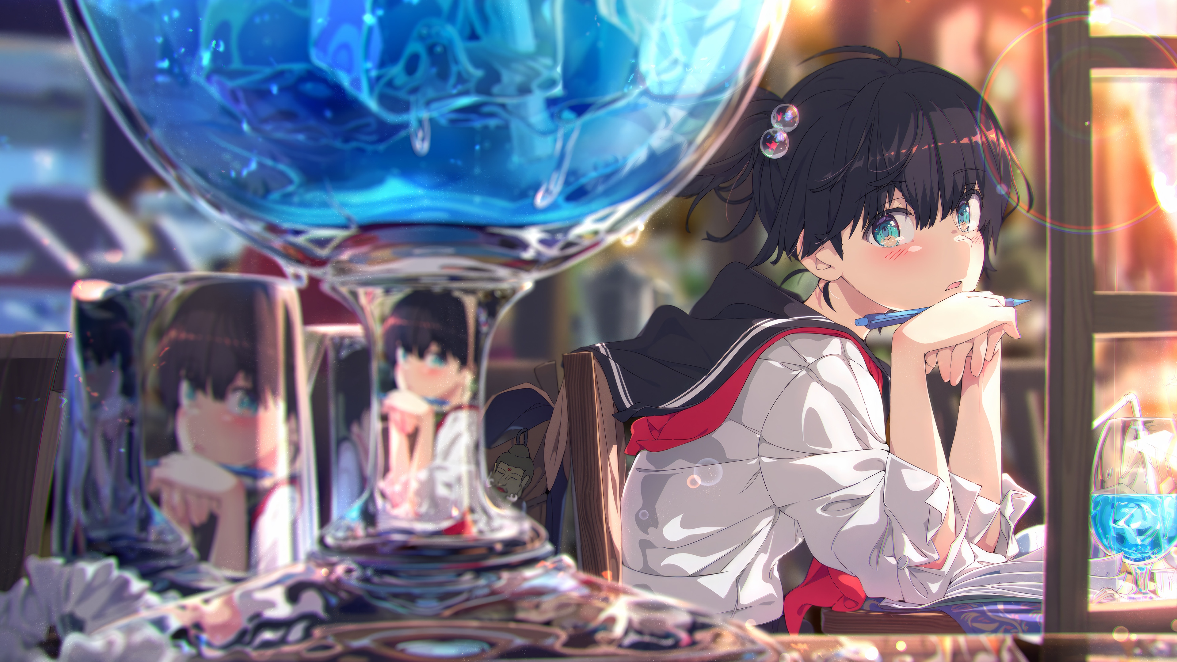 Anime Girl in School Uniform with Blue Drink HD Wallpaper
