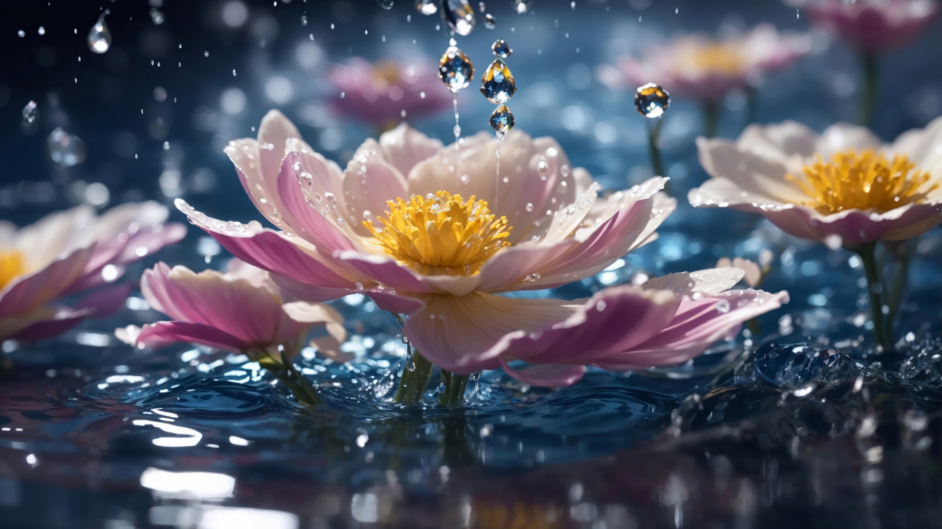 Pink and white flowers with raindrops in 4K HD Wallpaper