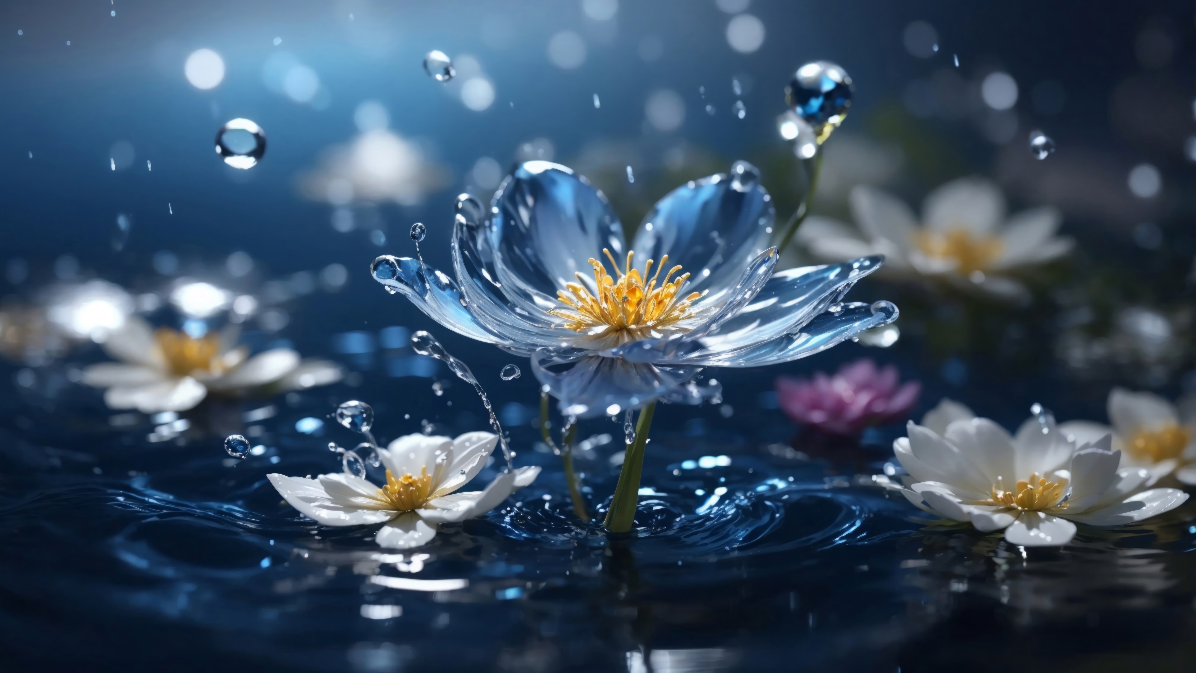 Flowers in the rain with water droplets 4K HD Wallpaper