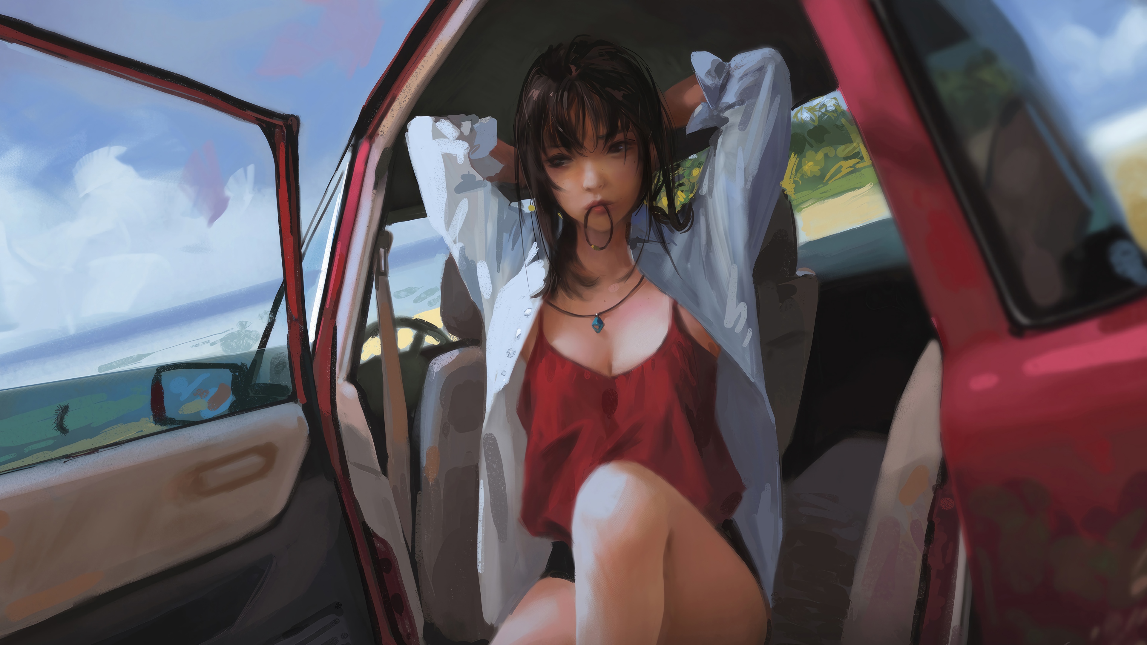 Anime Girl in Red Car 4K HD Wallpaper