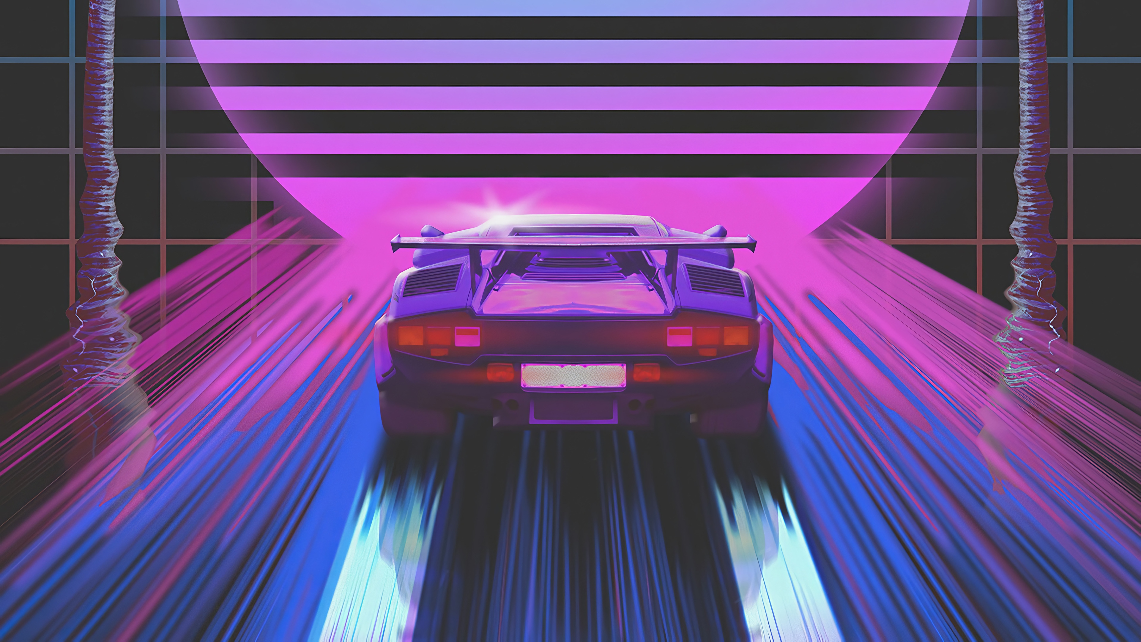 Purple Retrowave Car Speeding Through Neon Lights 4K HD Wallpaper