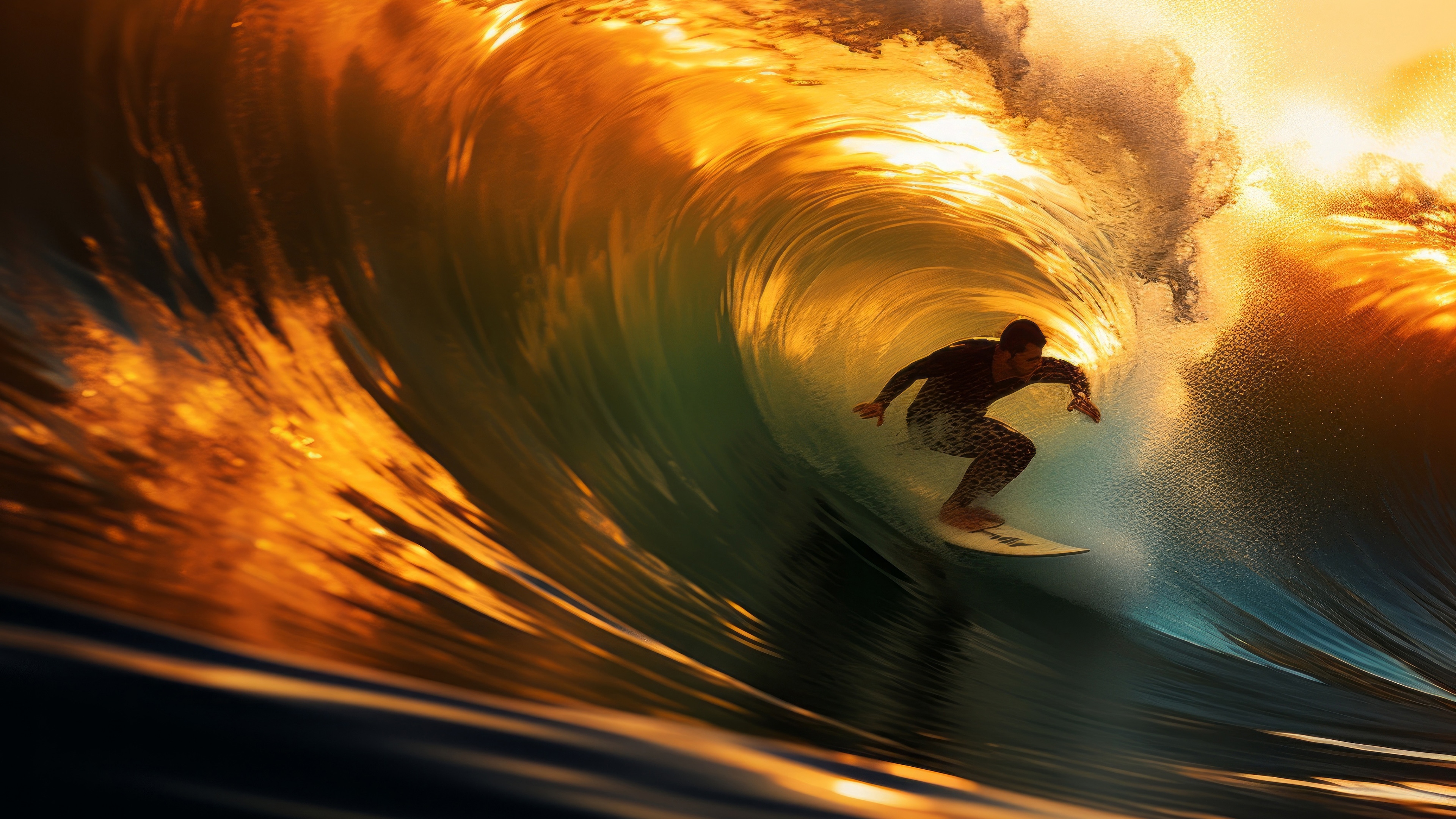 Surfer riding a golden wave in 4K HD Wallpaper