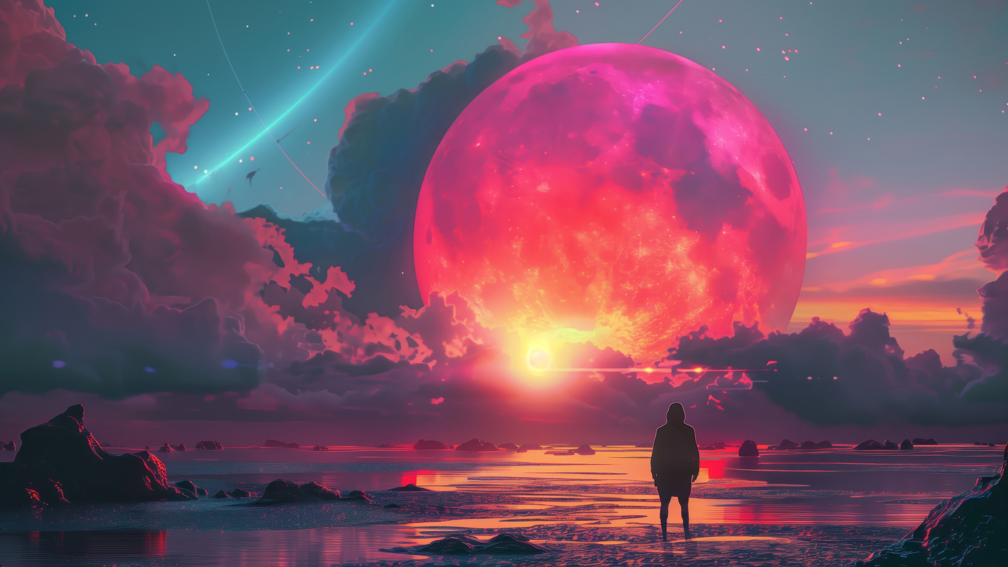 Digital Art Scenery of a Large Pink Moon at Sunset HD Wallpaper