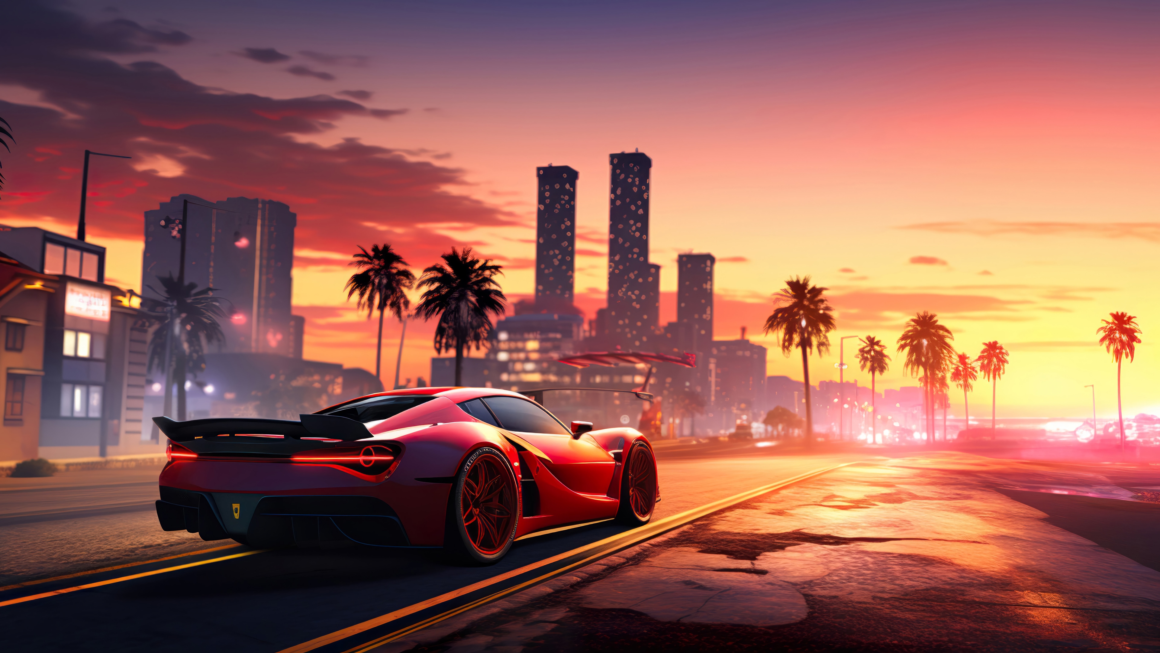 Red Sports Car on a City Road at Sunset 4K HD Wallpaper