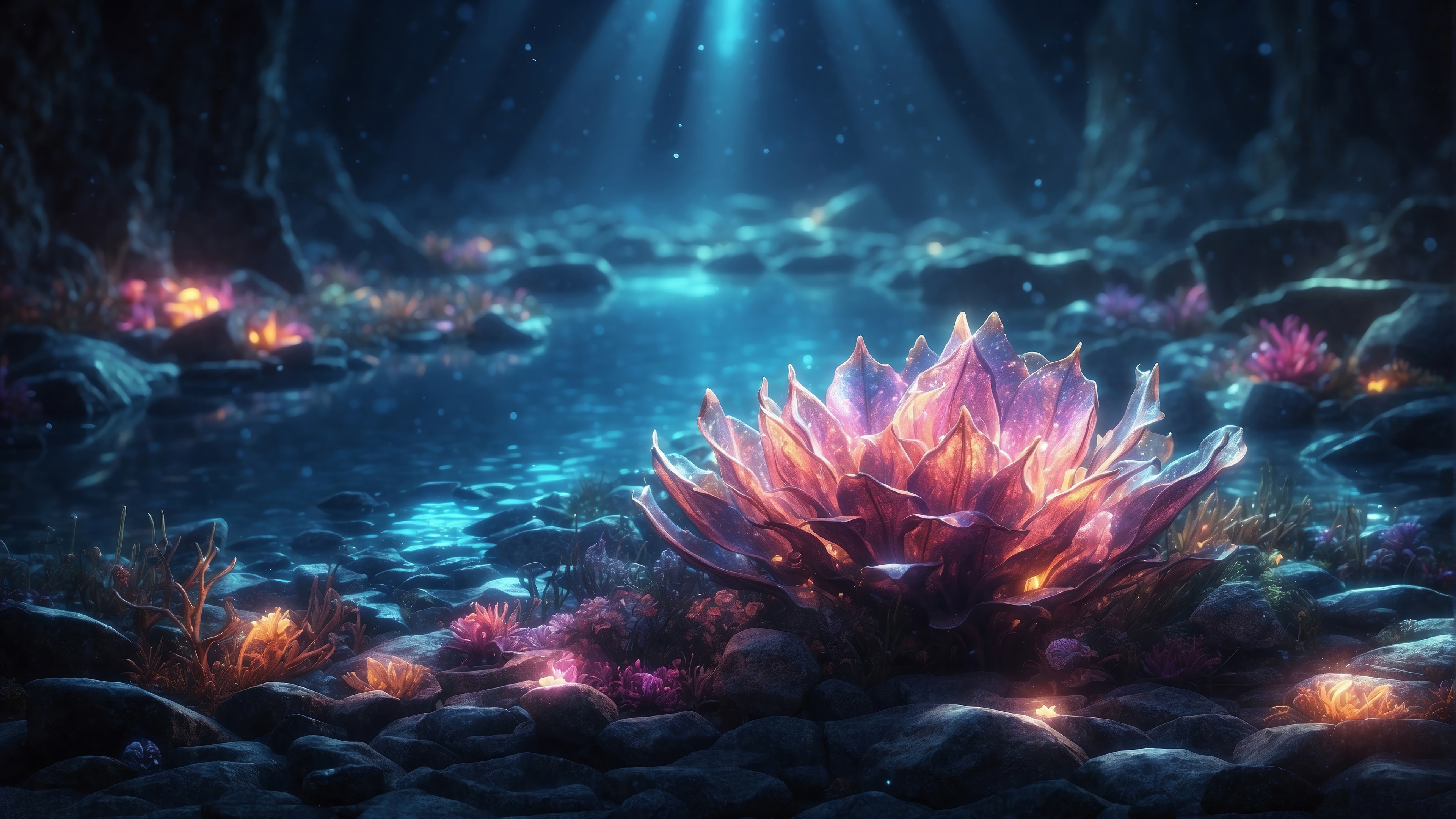 Glowing Flowers in a Dark Cave 4K HD Wallpaper
