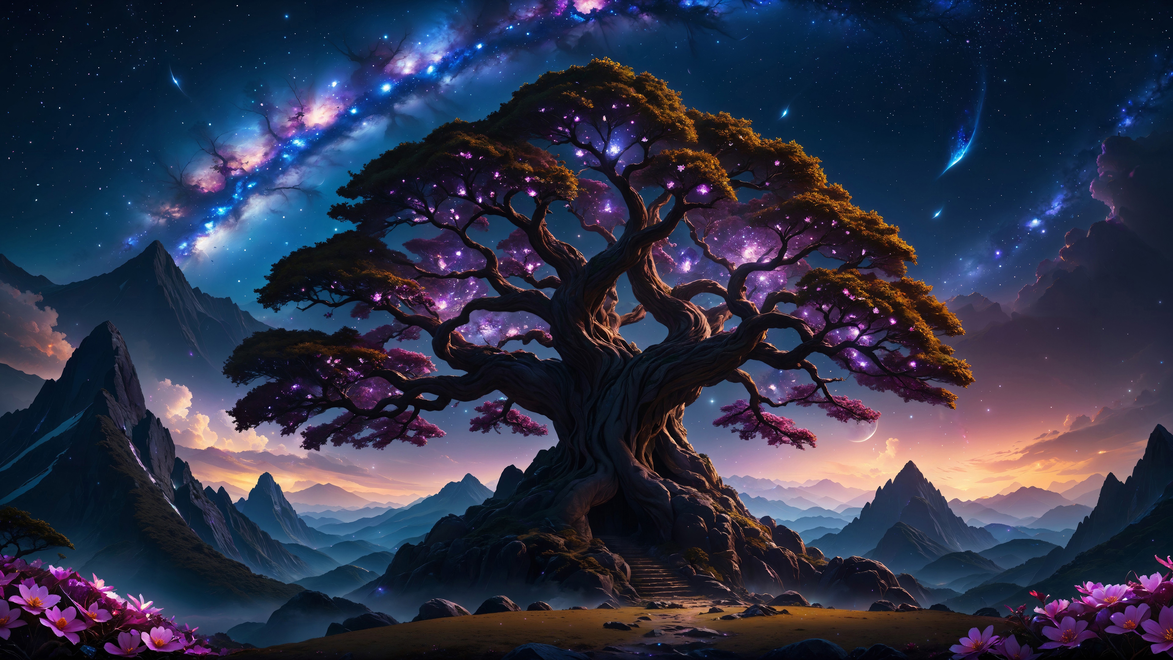Fantasy Tree at Night with Galaxy Sky HD Wallpaper