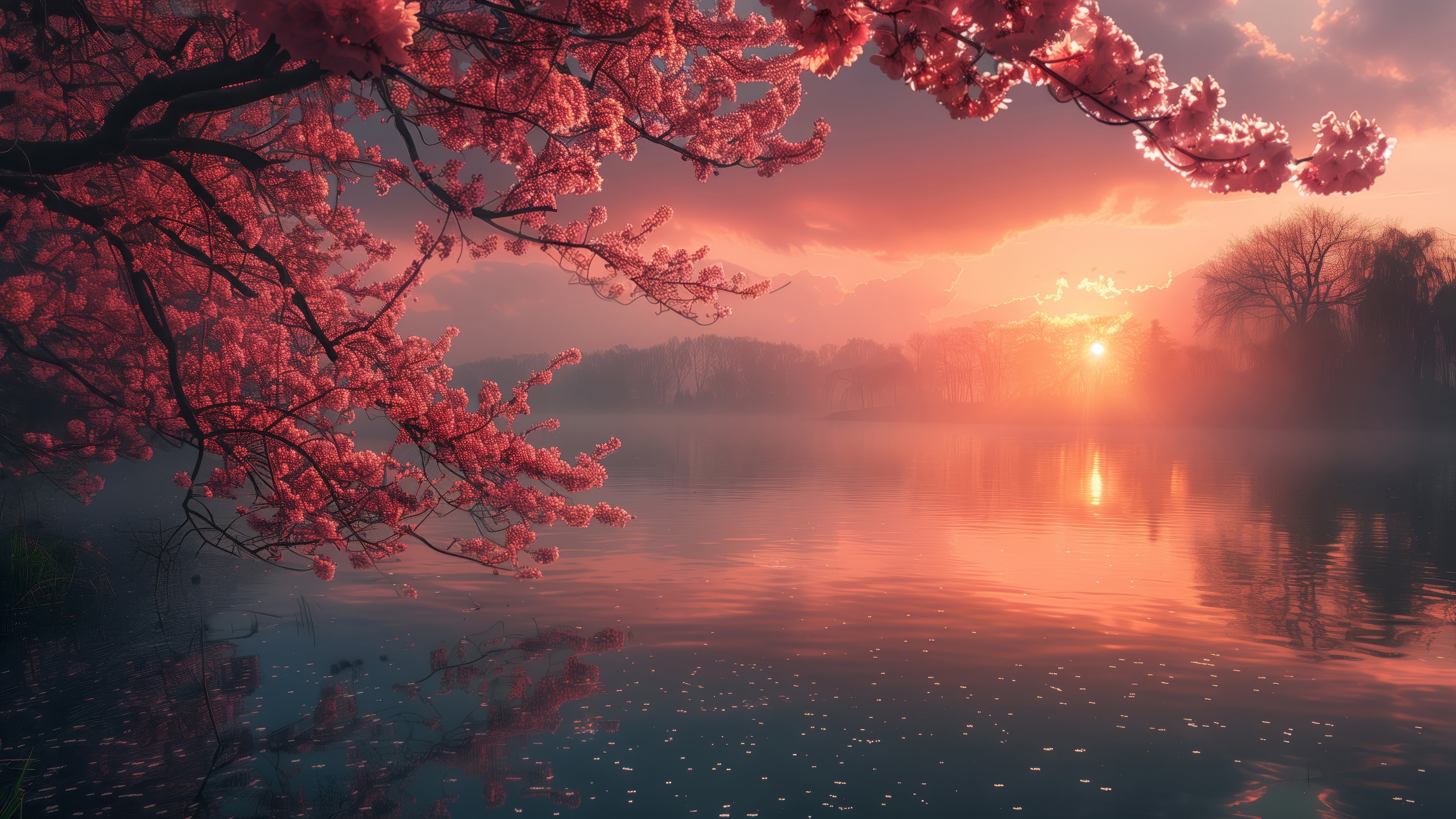 Cherry Blossom Sunset Scenery 4K HD Wallpaper