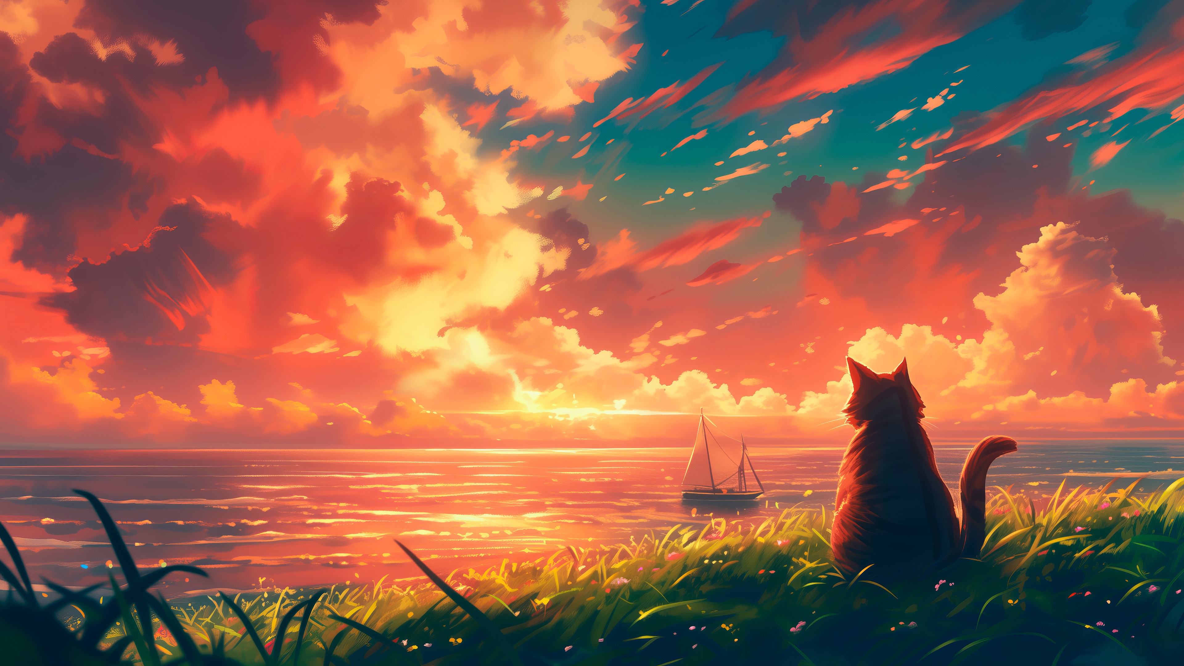 Cat watching a sunset over the ocean with a sailboat HD Wallpaper