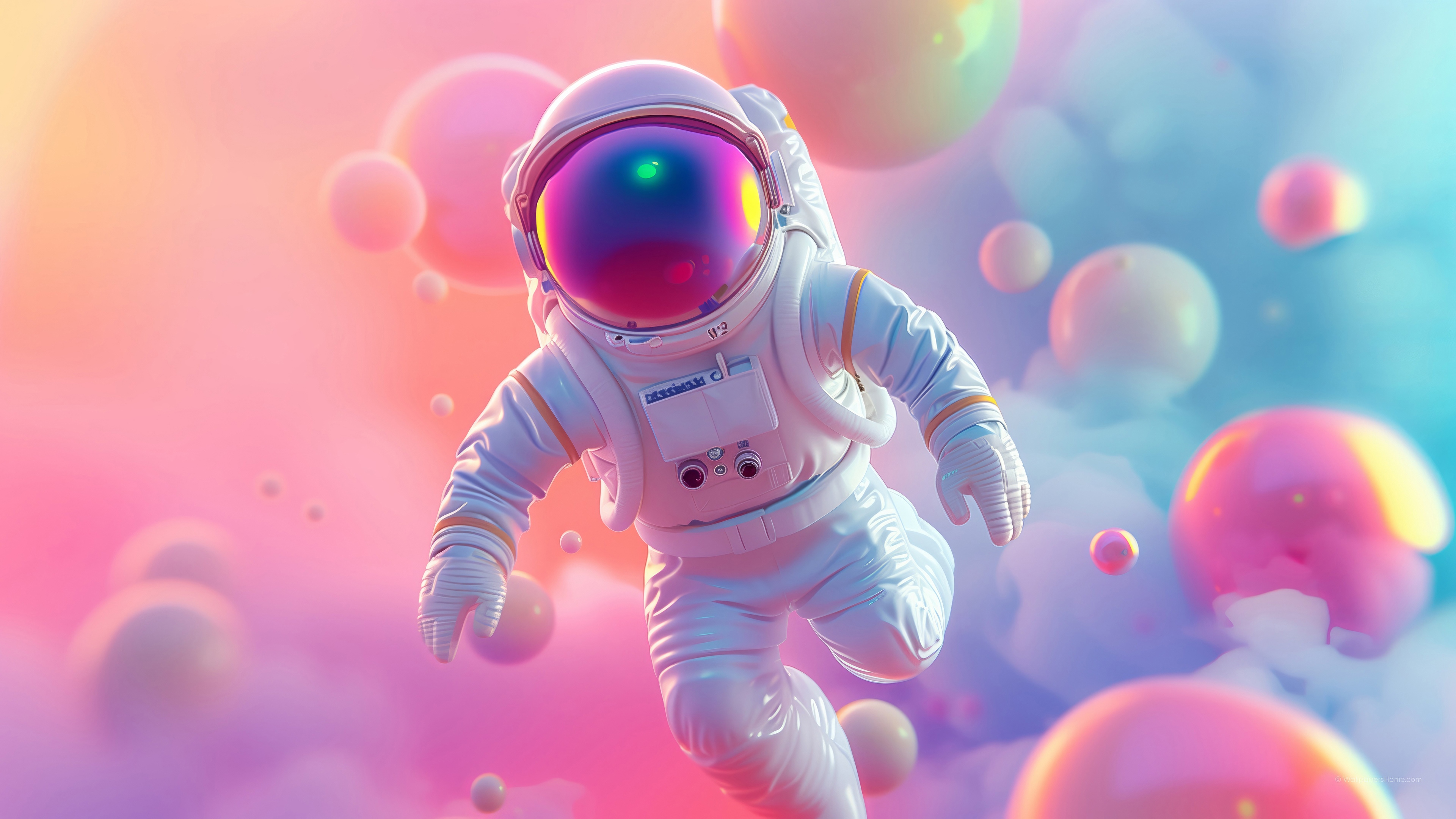 Astronaut floating among colorful bubbles in digital art 4K HD Wallpaper