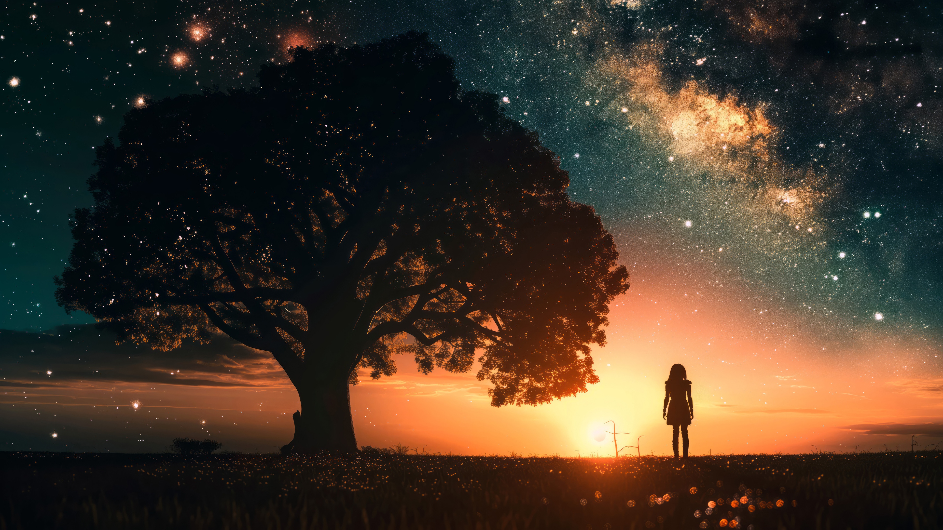 Girl and Tree Under Starry Sunset Sky 4K HD Wallpaper