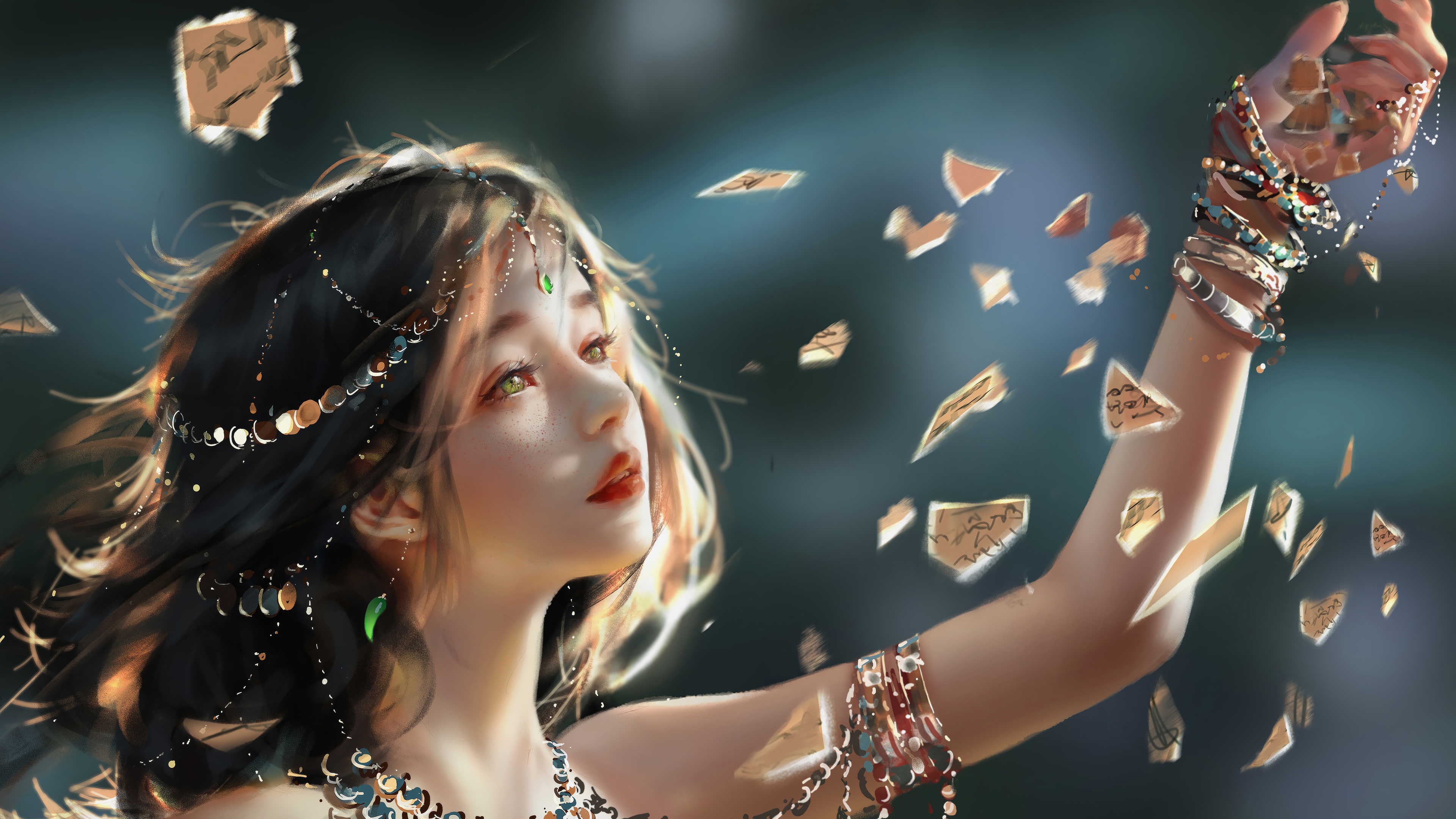 Anime Girl with Shattering Paper and Jewelry HD Wallpaper