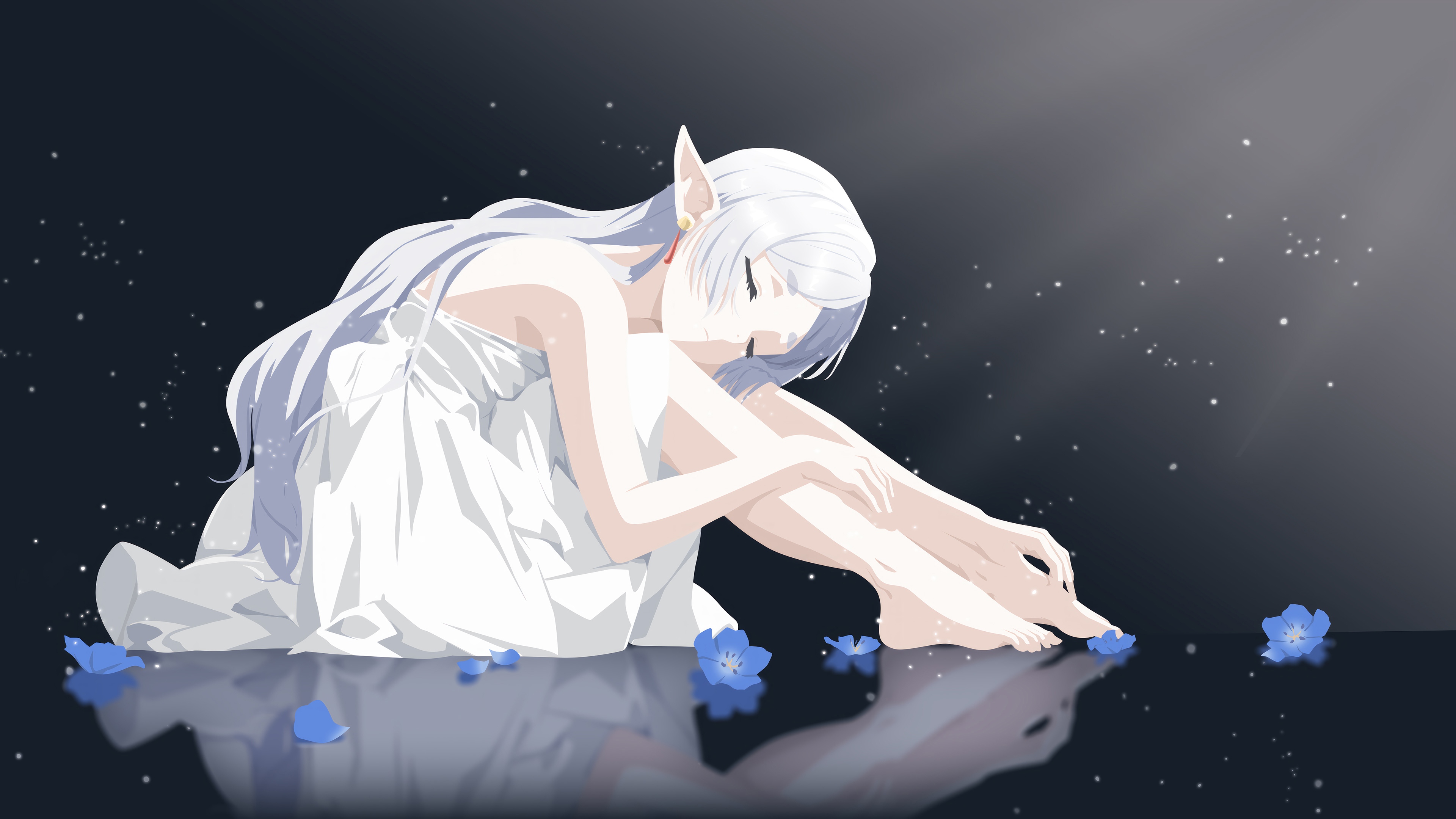 Frieren Sitting with Blue Flowers 4K HD Wallpaper