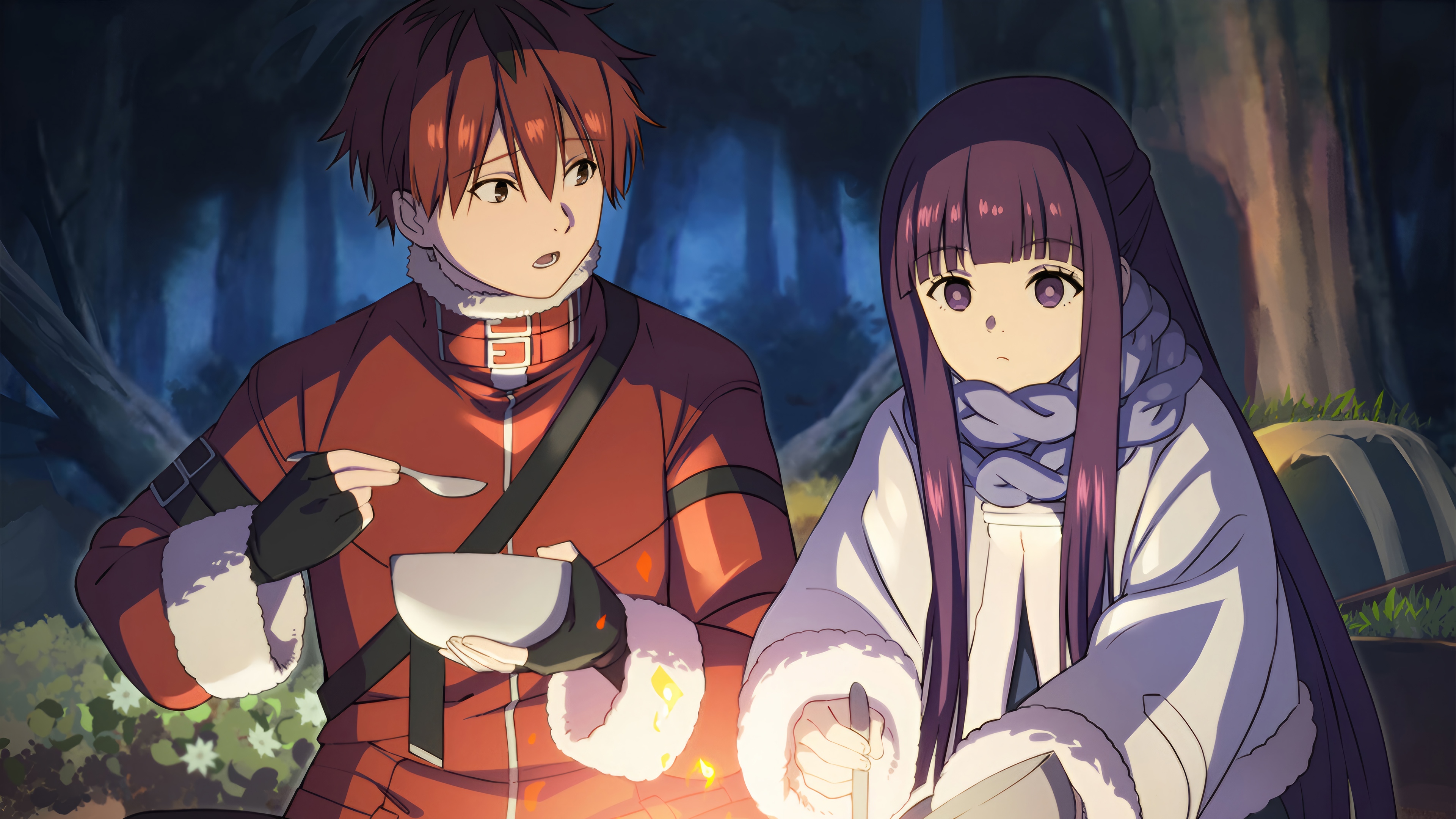 Frieren and Stark in a forest at night HD Wallpaper
