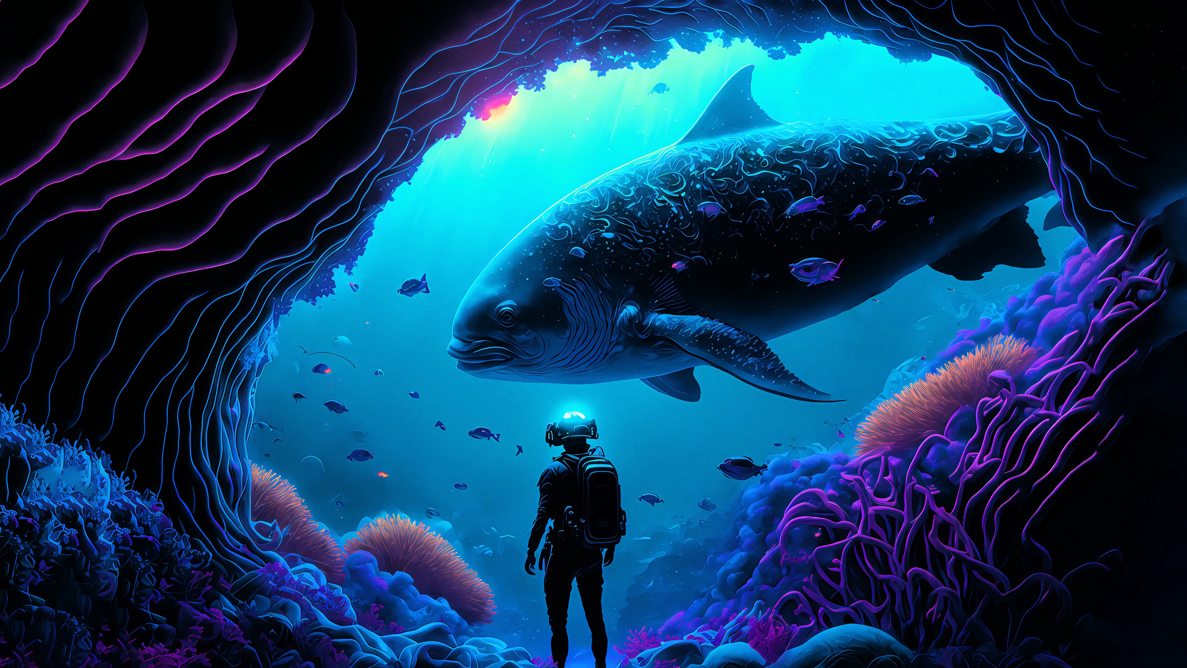 Diver encounters giant whale in neon coral reef 4K HD Wallpaper