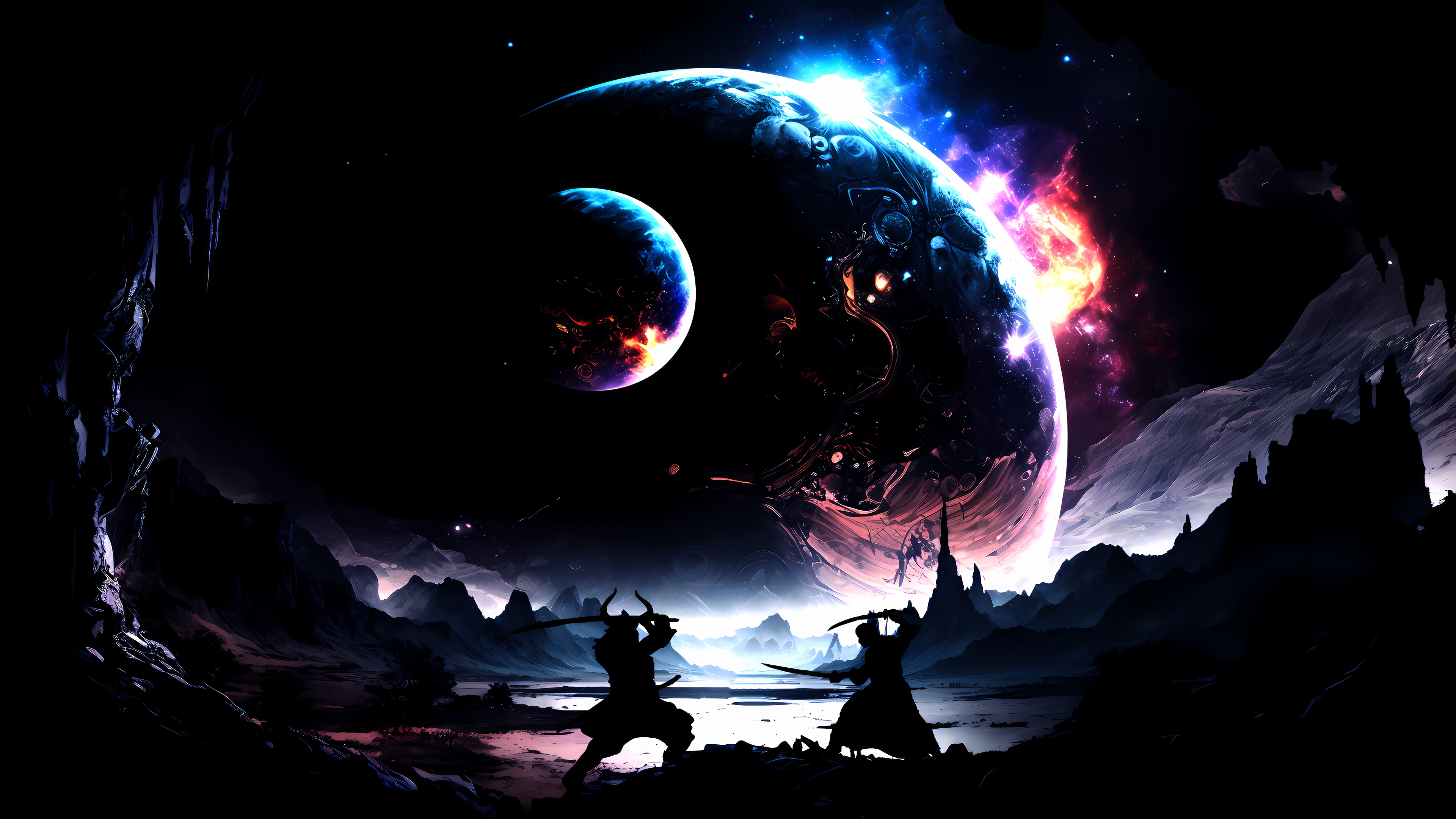 Two Samurai Silhouettes Fighting Under Planets 4K HD Wallpaper