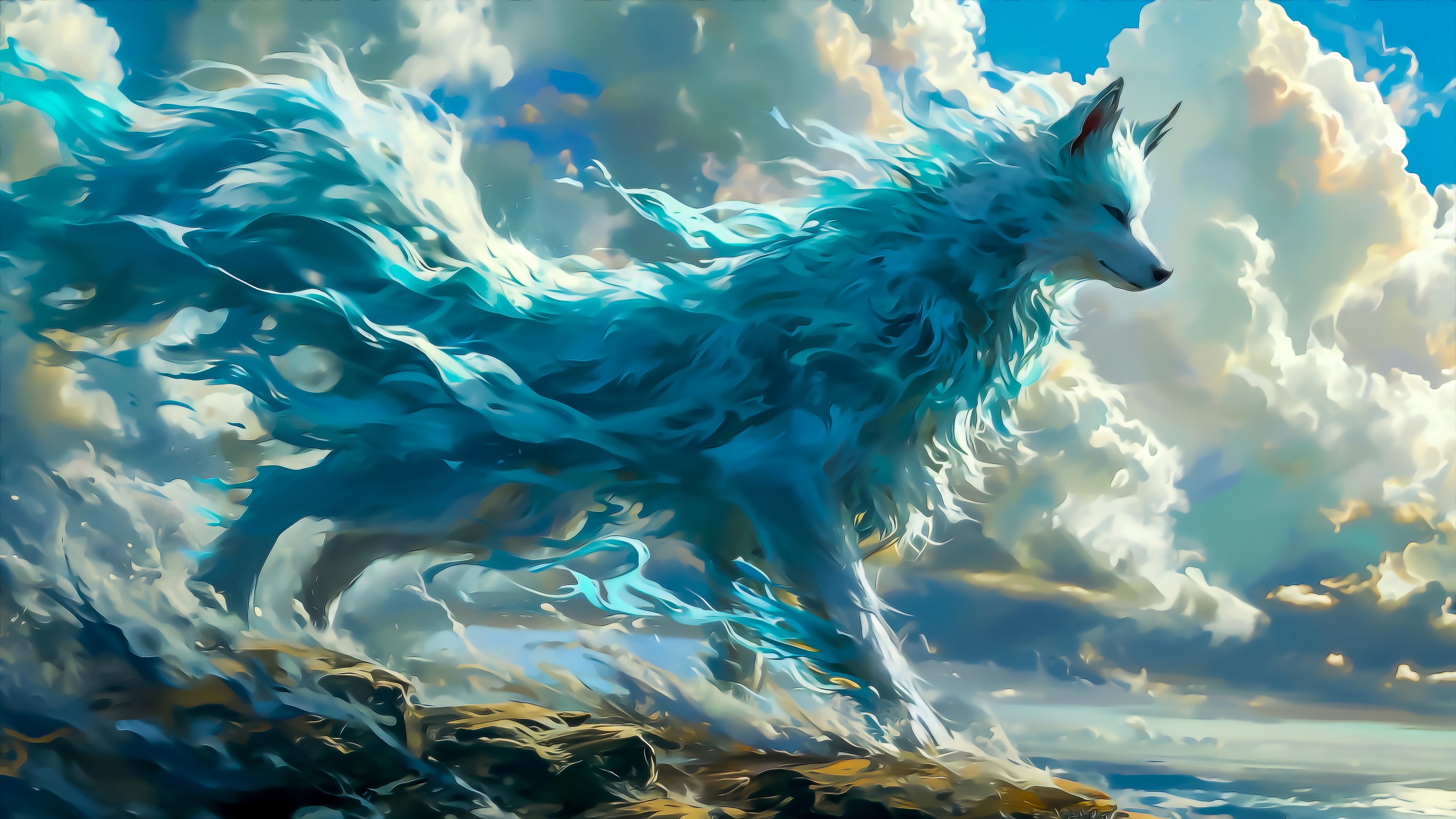 Fantasy Wolf Made of Water and Clouds 4K HD Wallpaper