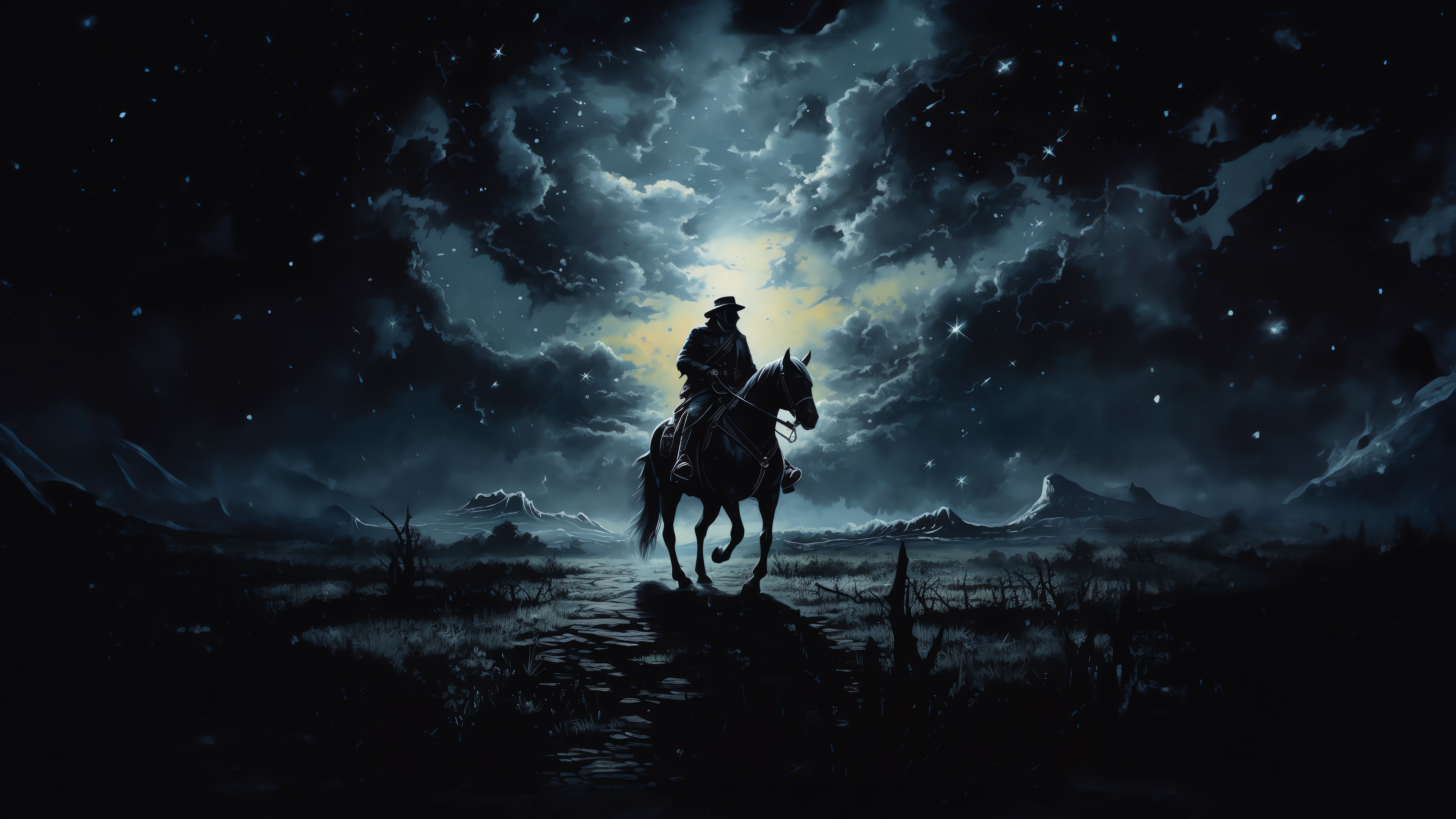 Cowboy riding a horse at night under a starry sky HD Wallpaper