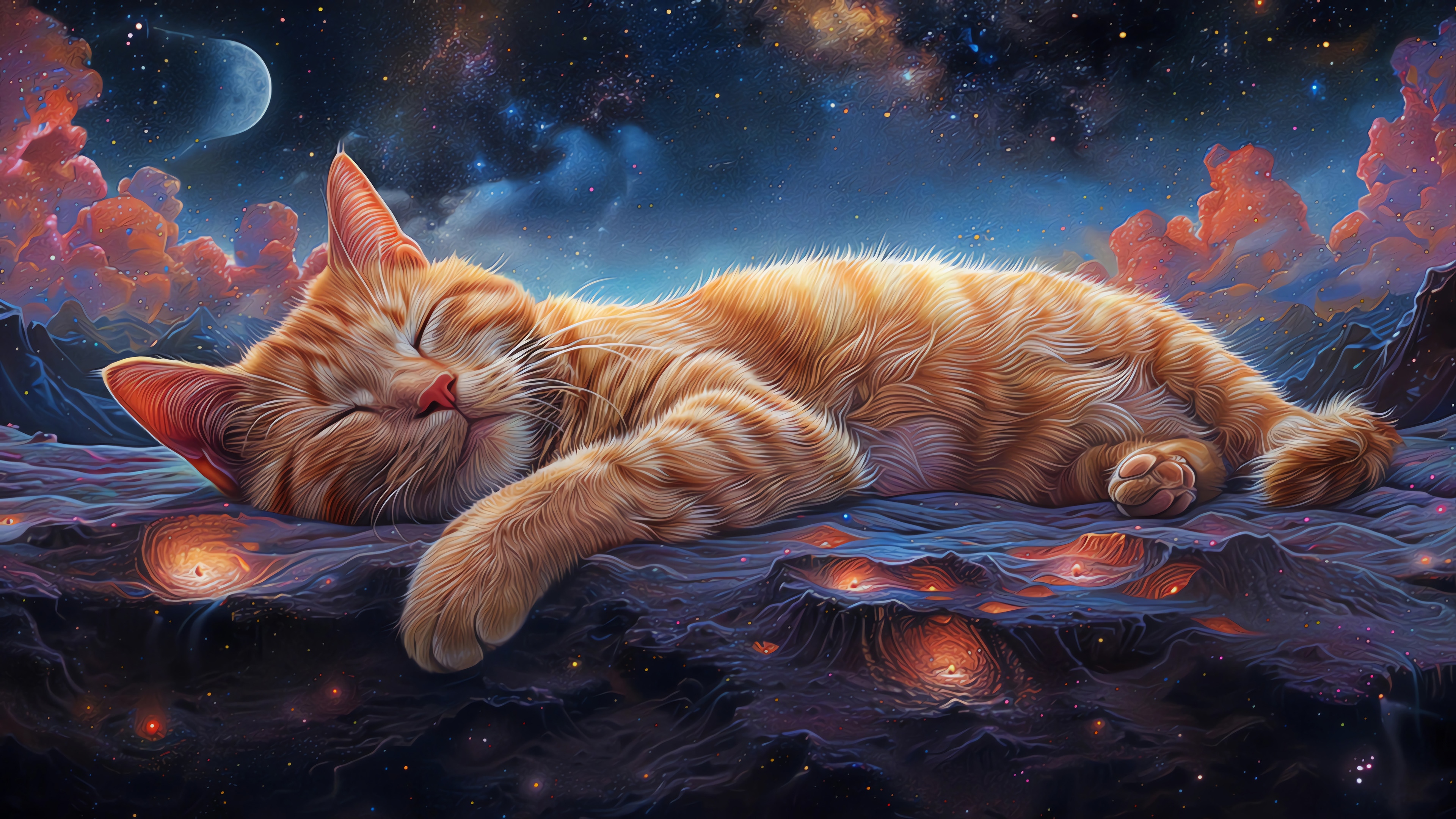 Orange Cat Sleeping in a Cosmic Dreamscape 4K HD Wallpaper