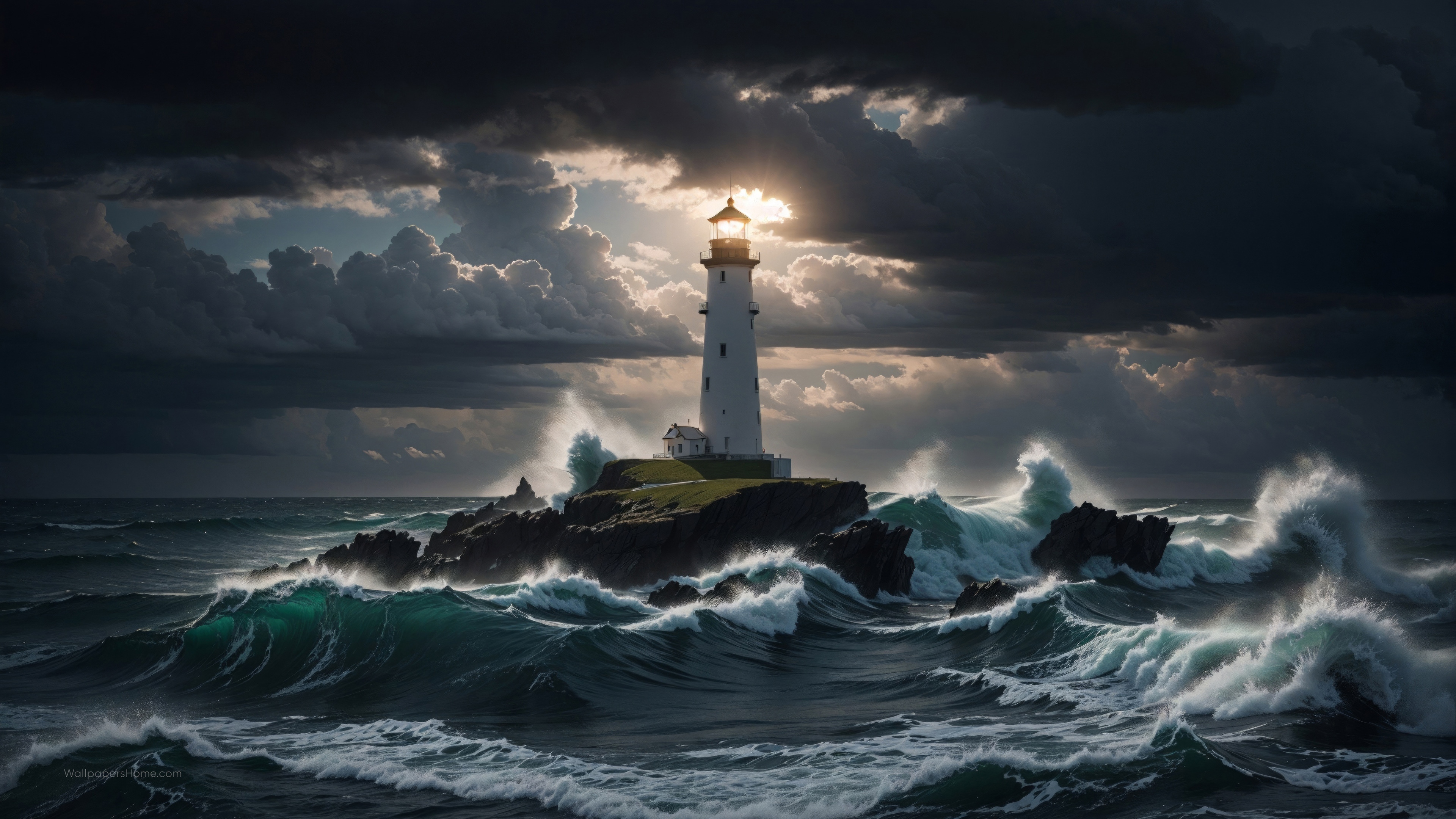 Lighthouse on an island during a storm 4K HD Wallpaper