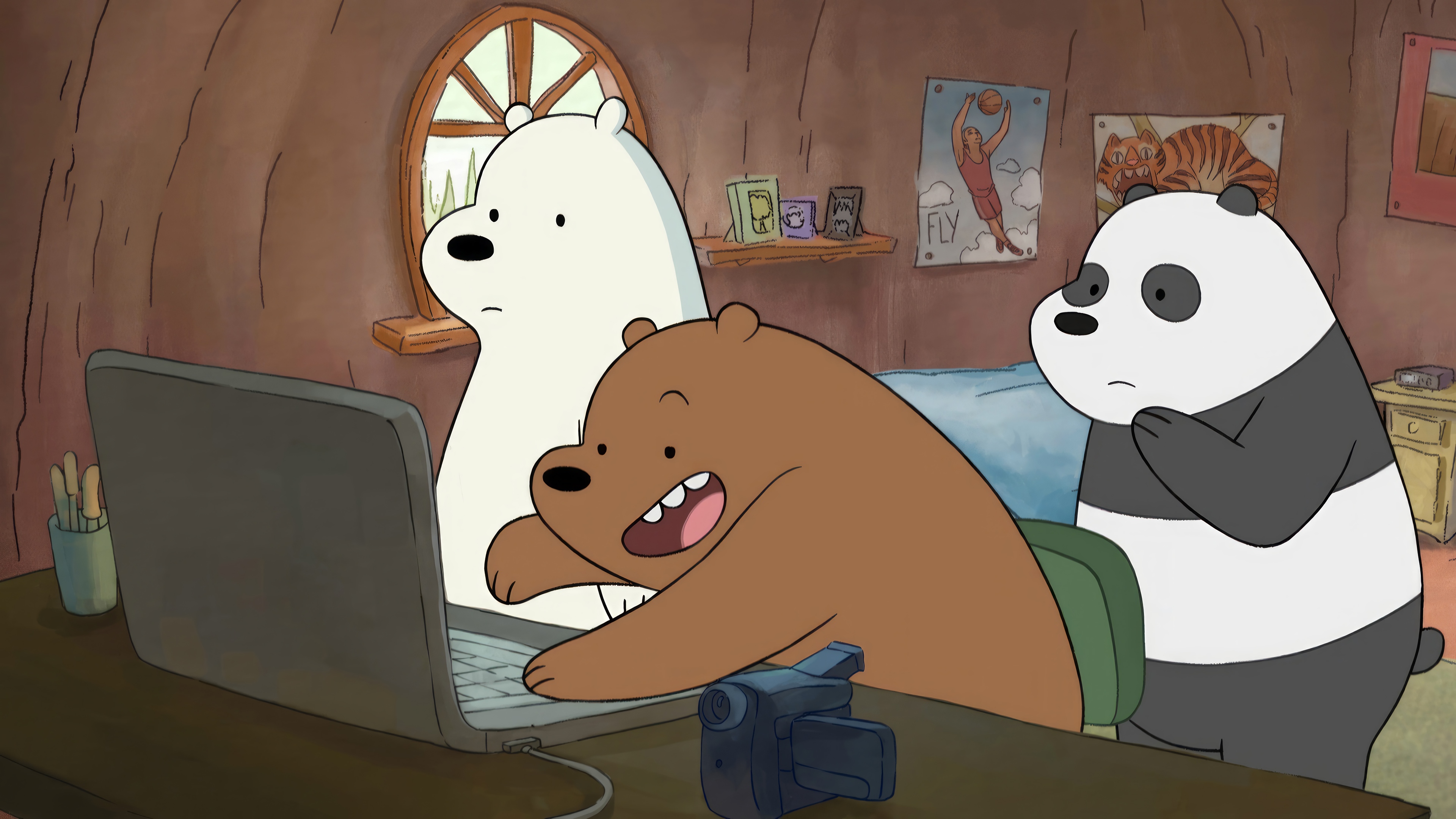 We Bare Bears watching a laptop HD Wallpaper