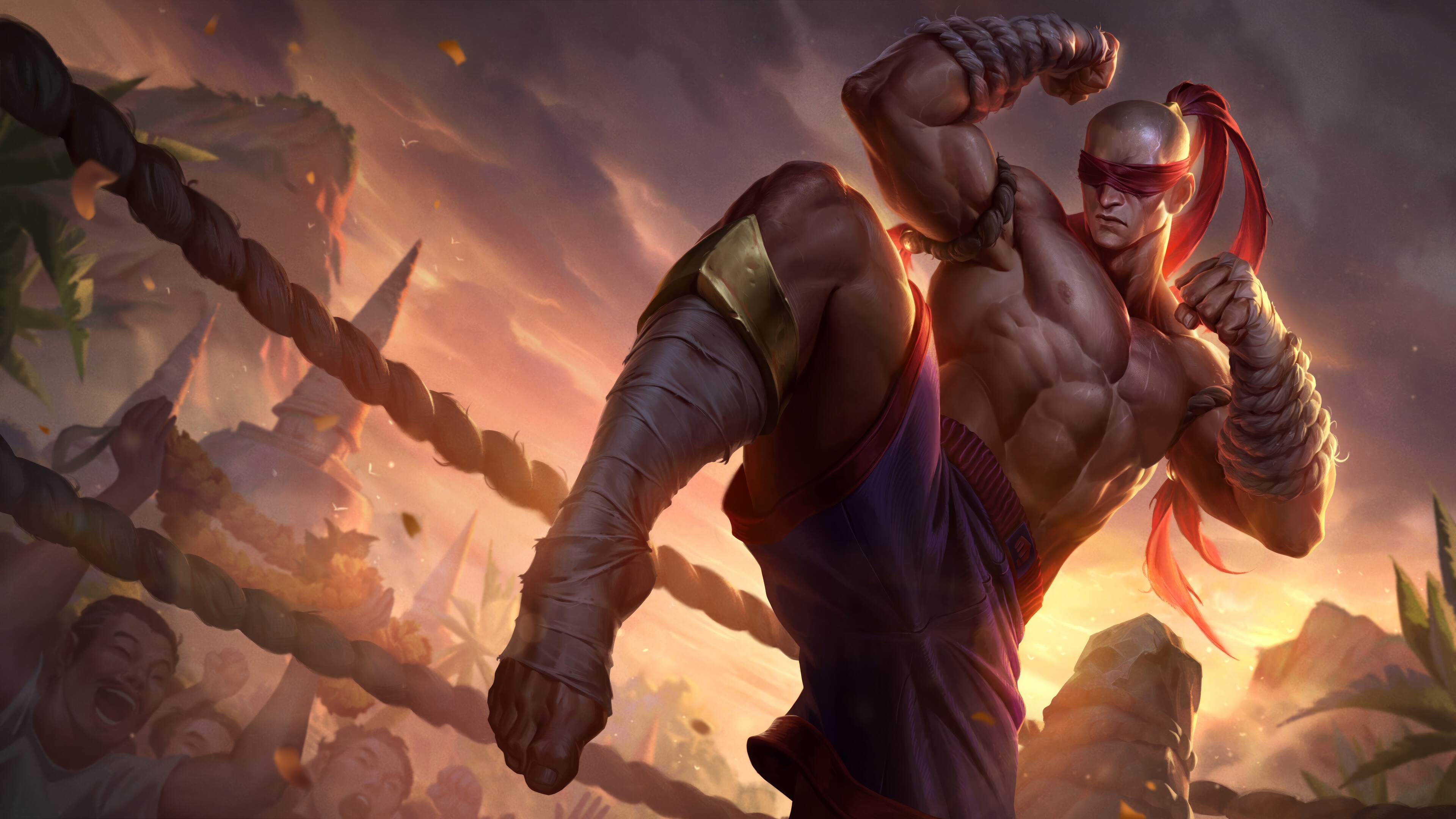 Lee Sin performing a Muay Thai kick in League of Legends 4K HD Wallpaper