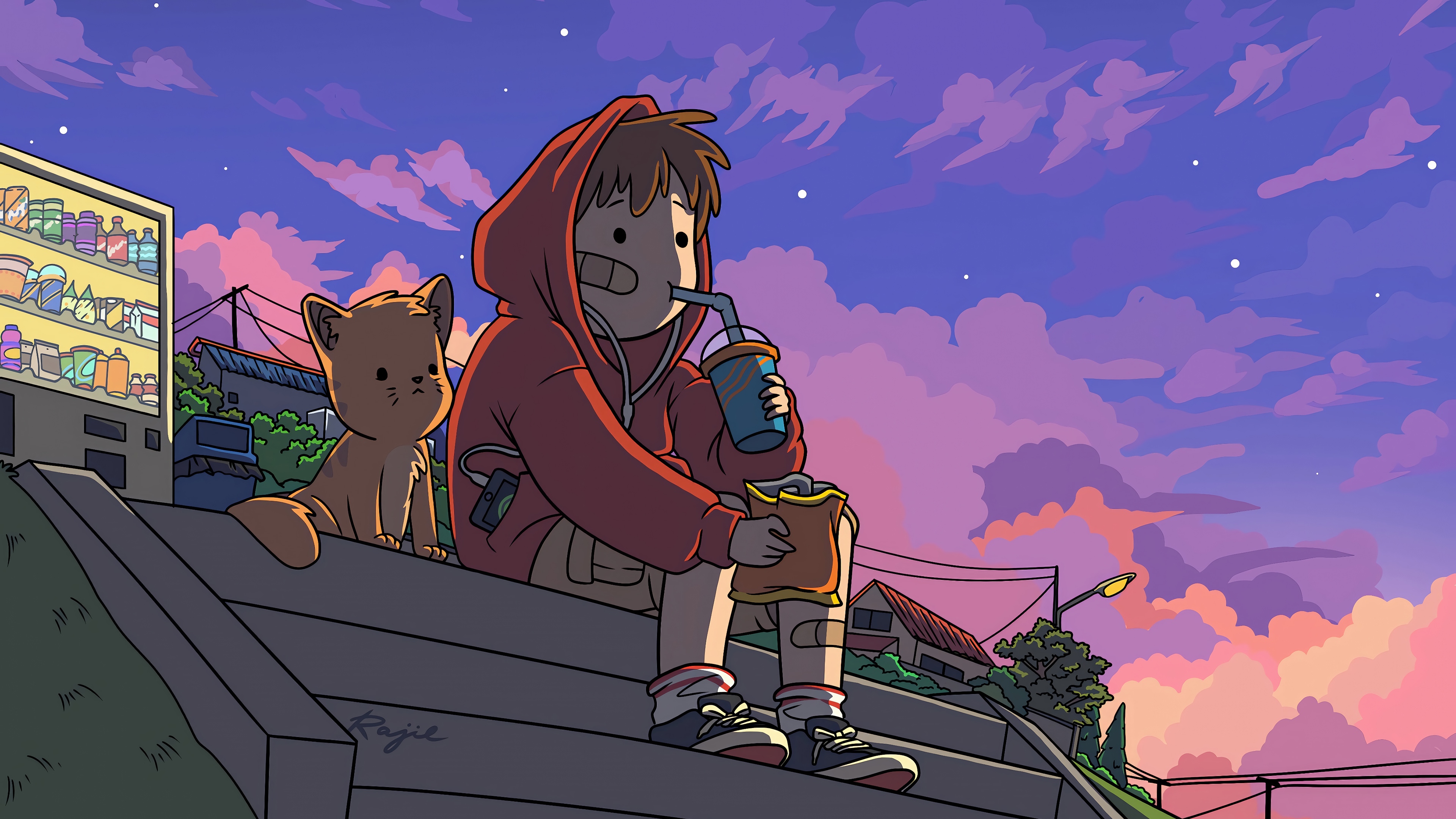 Anime Boy and Dog Chill by Vending Machine HD Wallpaper