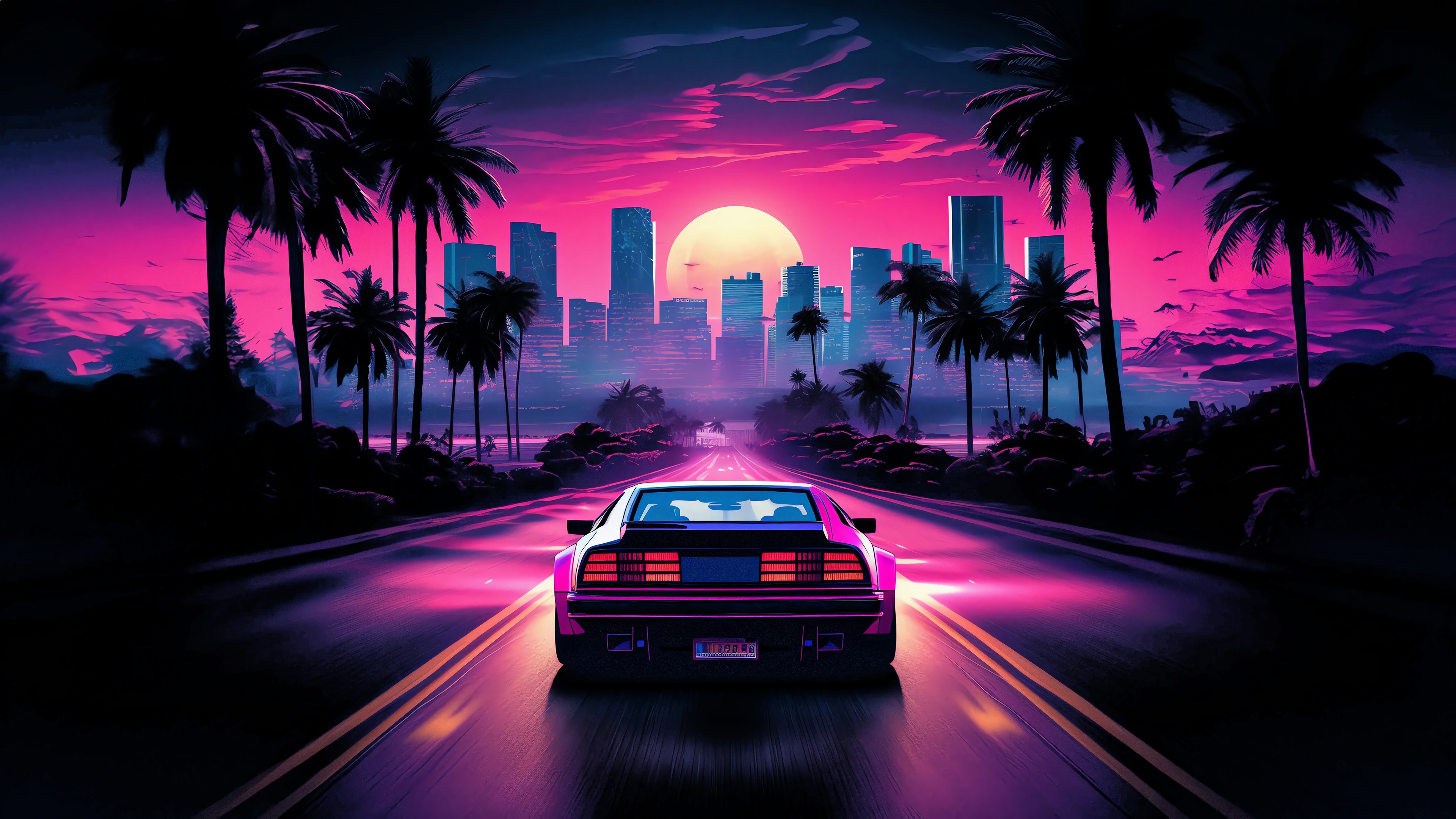 Retro car driving towards a city at sunset HD Wallpaper