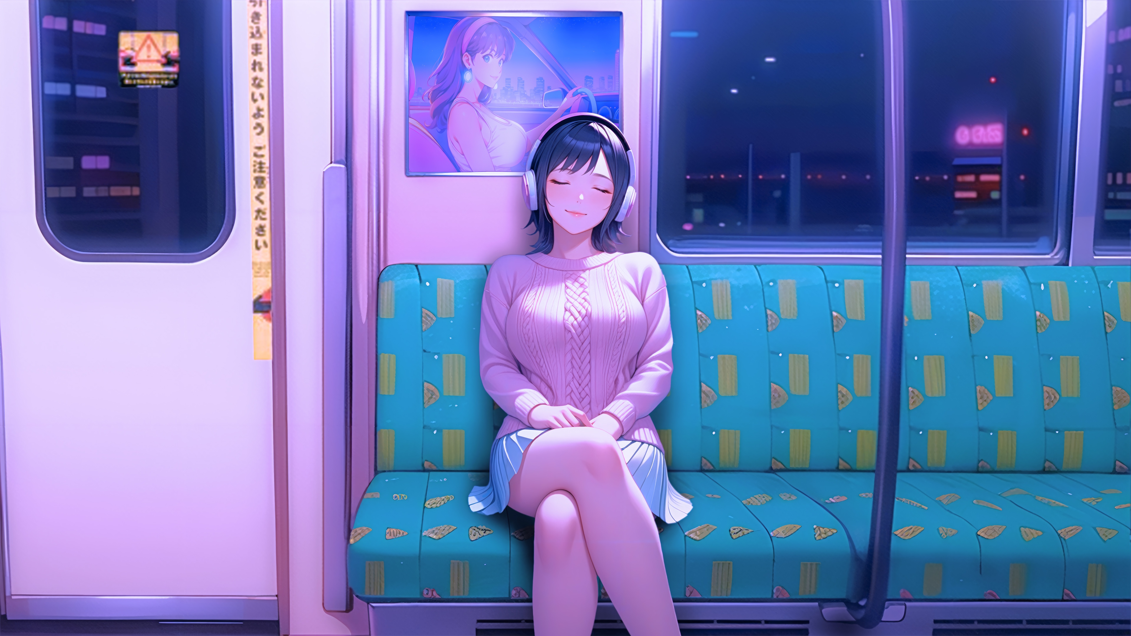 Anime Girl Listening to Music on a Train 4K HD Wallpaper