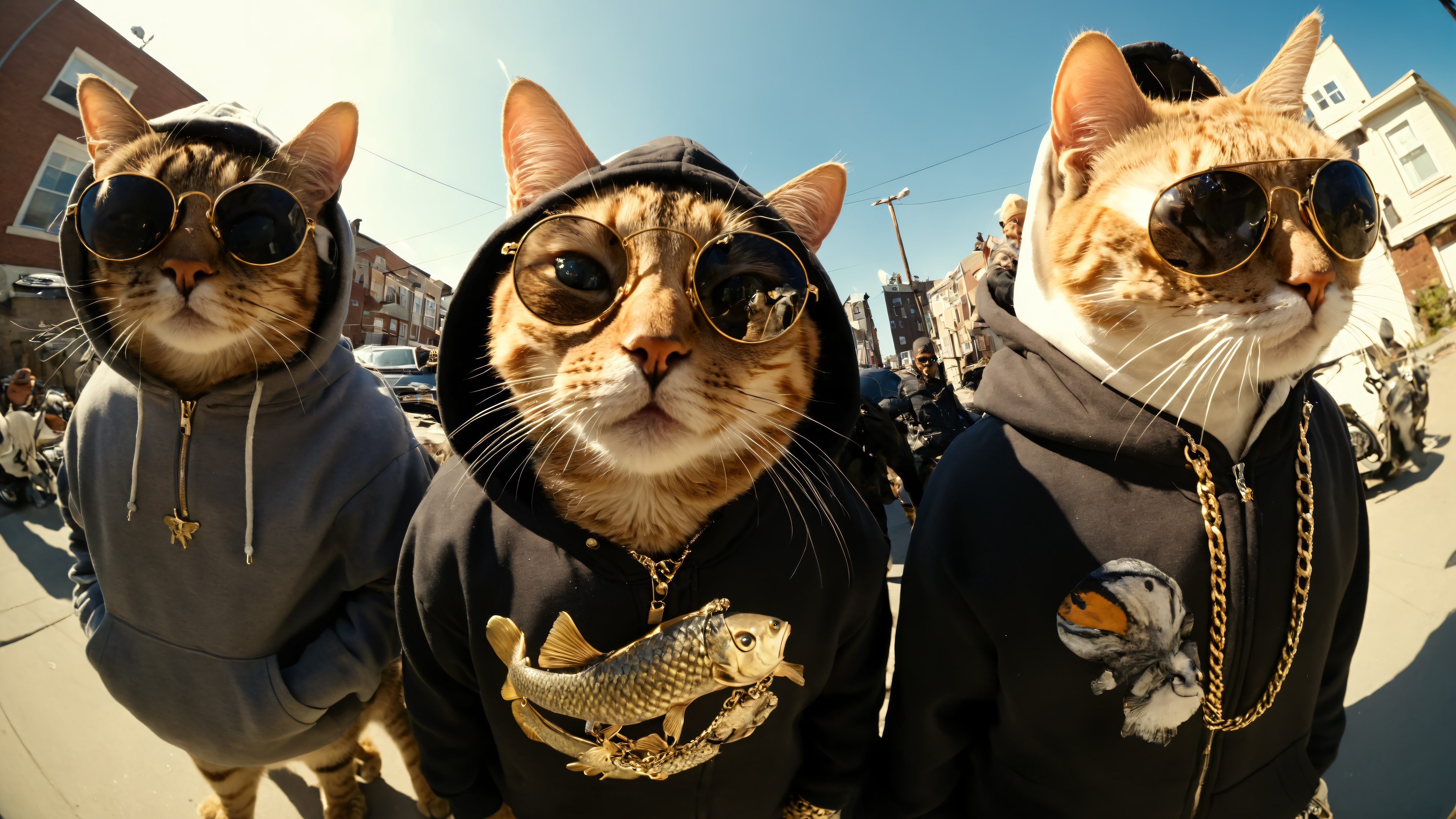Three gangster cats wearing sunglasses and hoodies HD Wallpaper