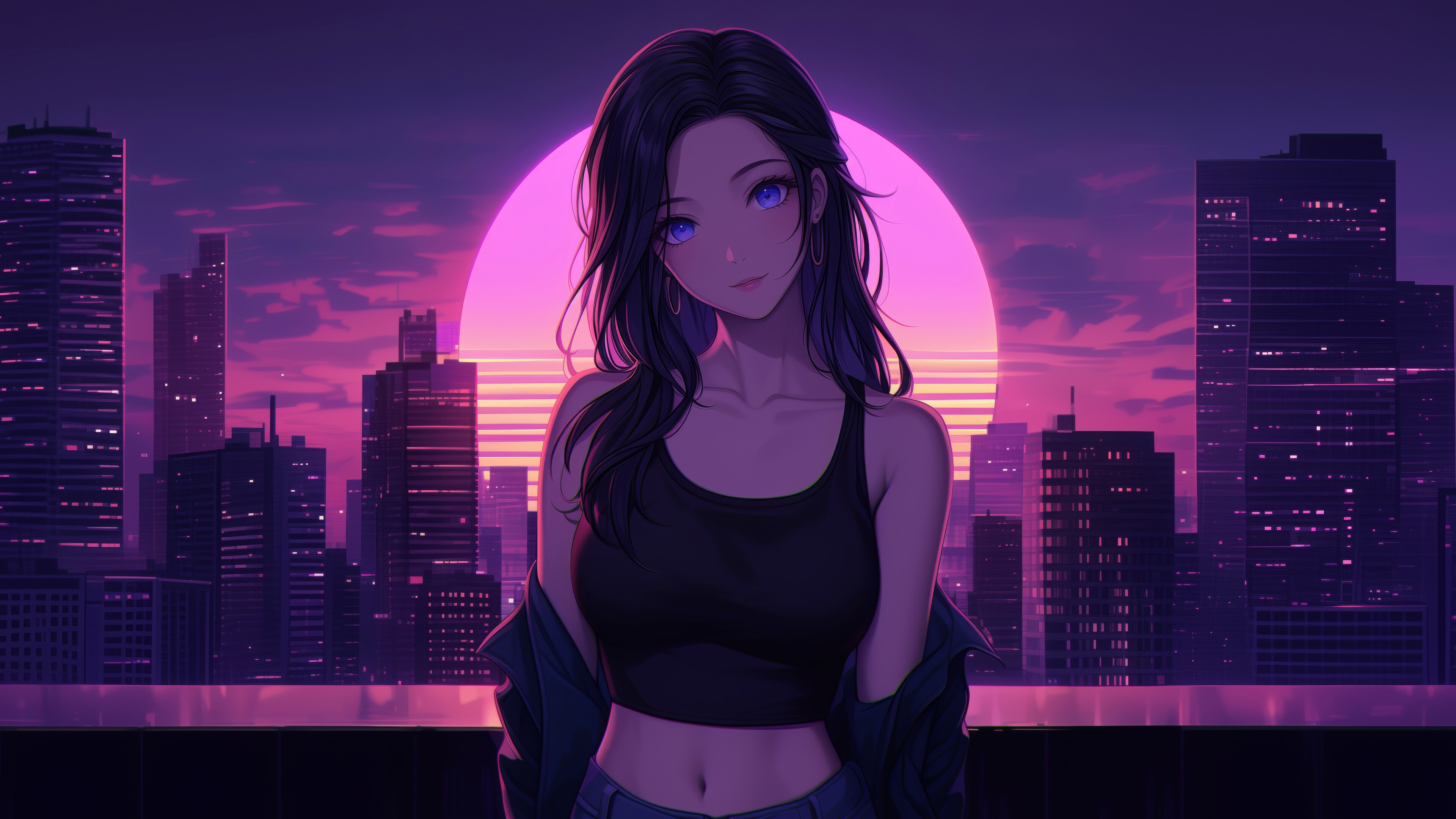 Anime Girl in Synthwave Cityscape 4K HD Wallpaper