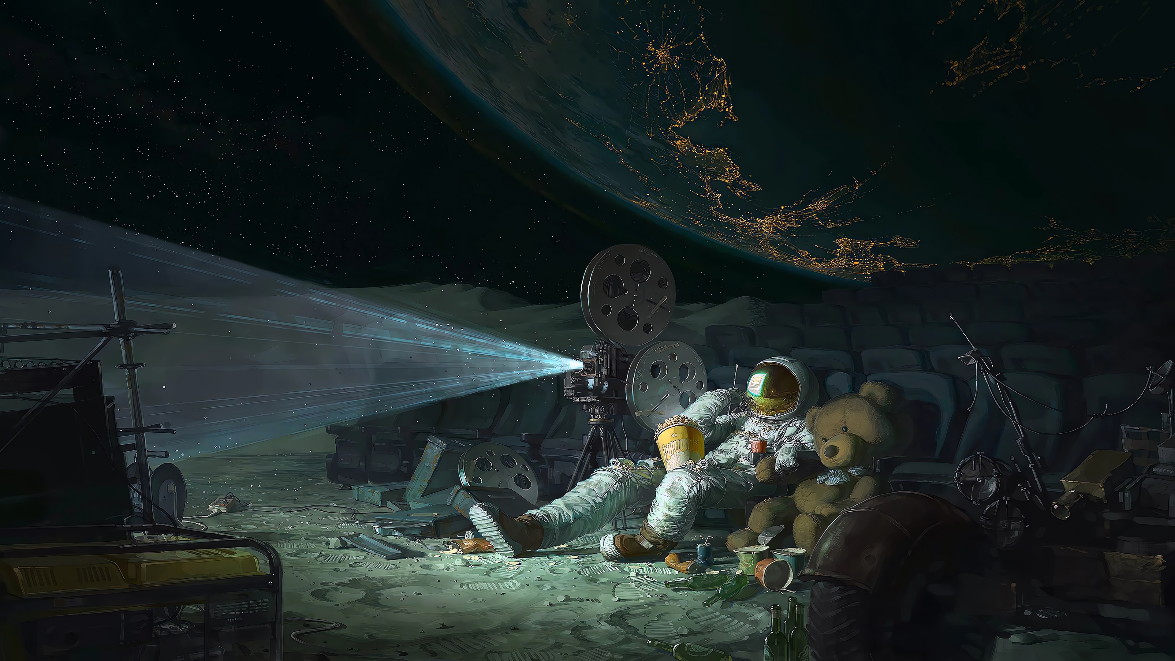 Astronaut watching a movie on the moon with Earth in the background 4K HD Wallpaper