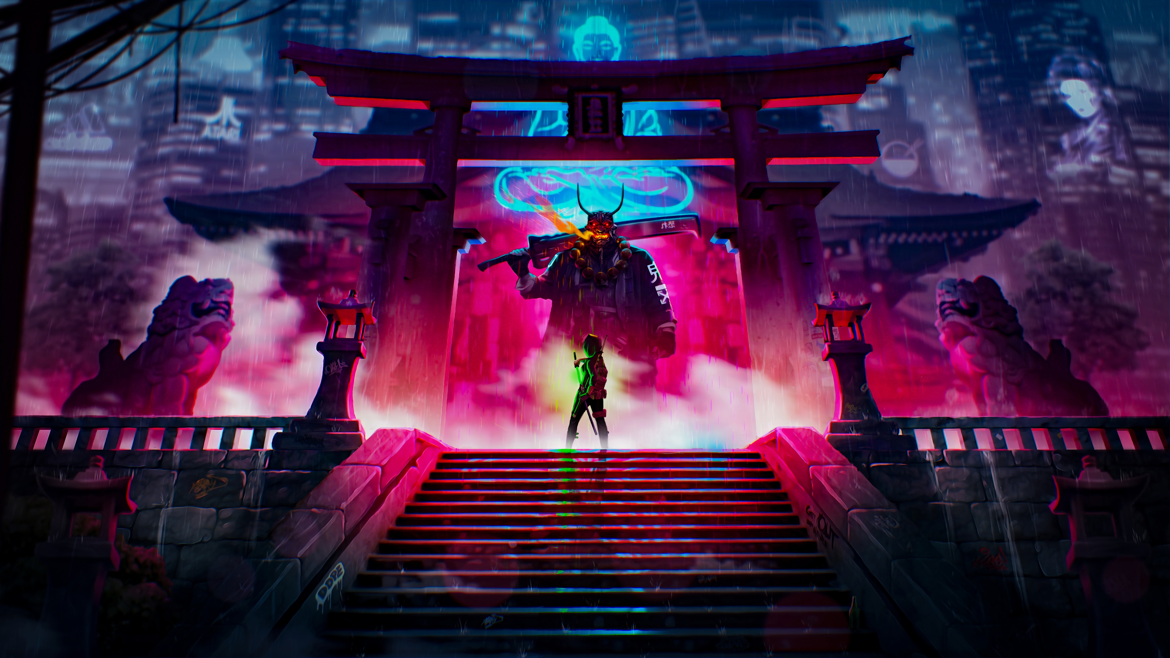 Cyberpunk Yokai Monster in Neon Torii Gate 4K HD Wallpaper