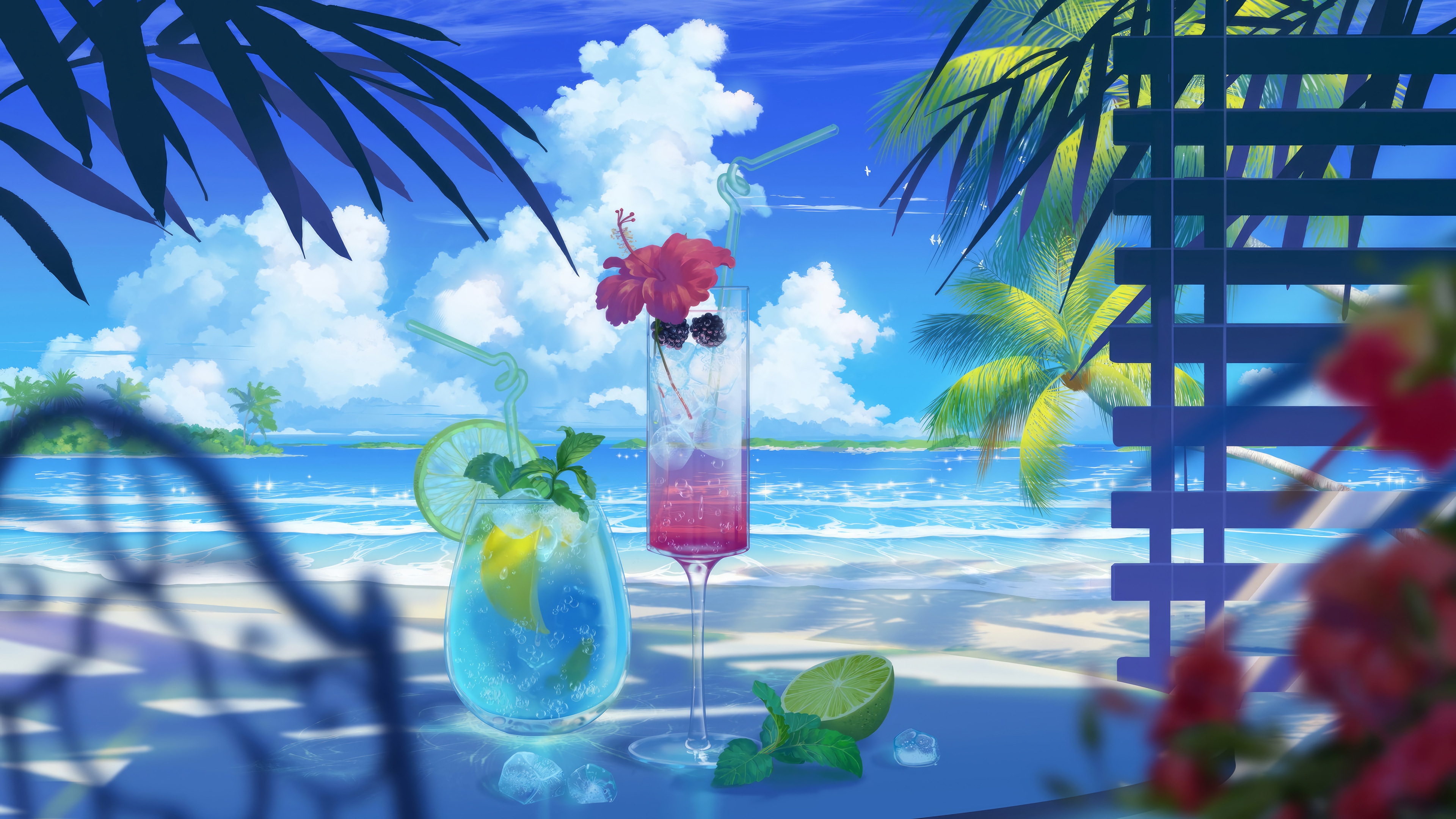 Anime Summer Beach Drinks 4K HD Wallpaper