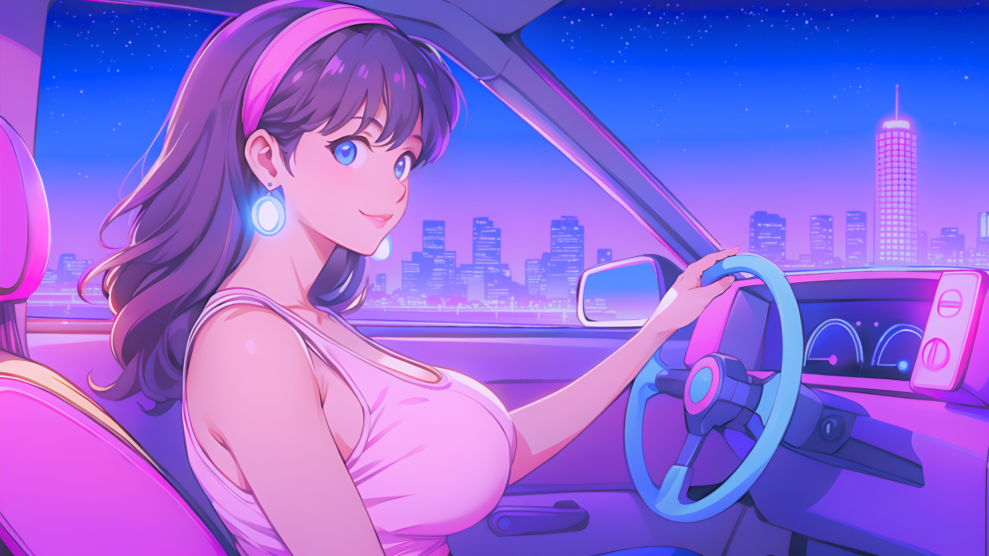 Anime Girl Driving a Car in Retrowave City 4K HD Wallpaper