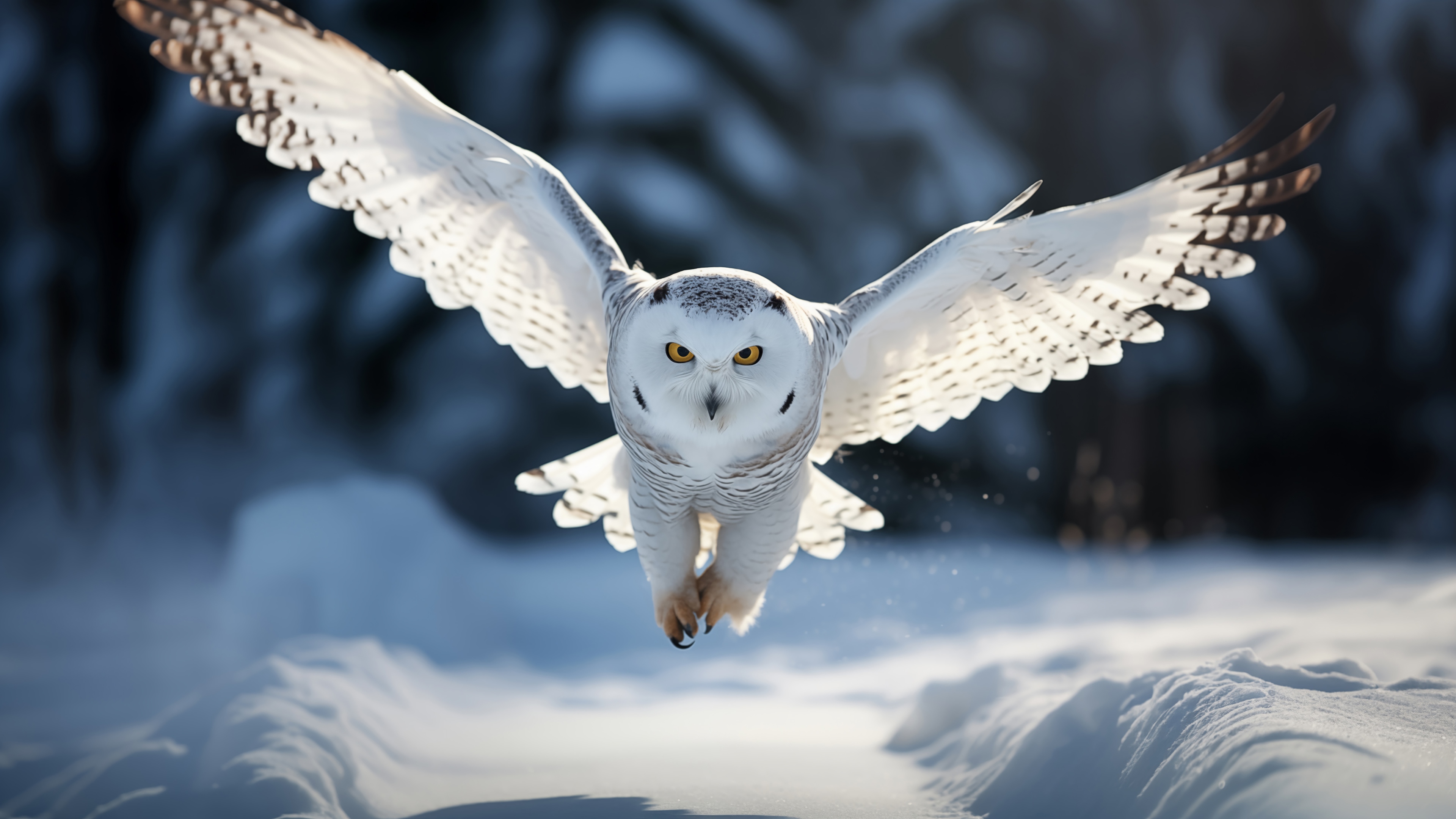 Snowy Owl in flight over a snowy landscape HD Wallpaper