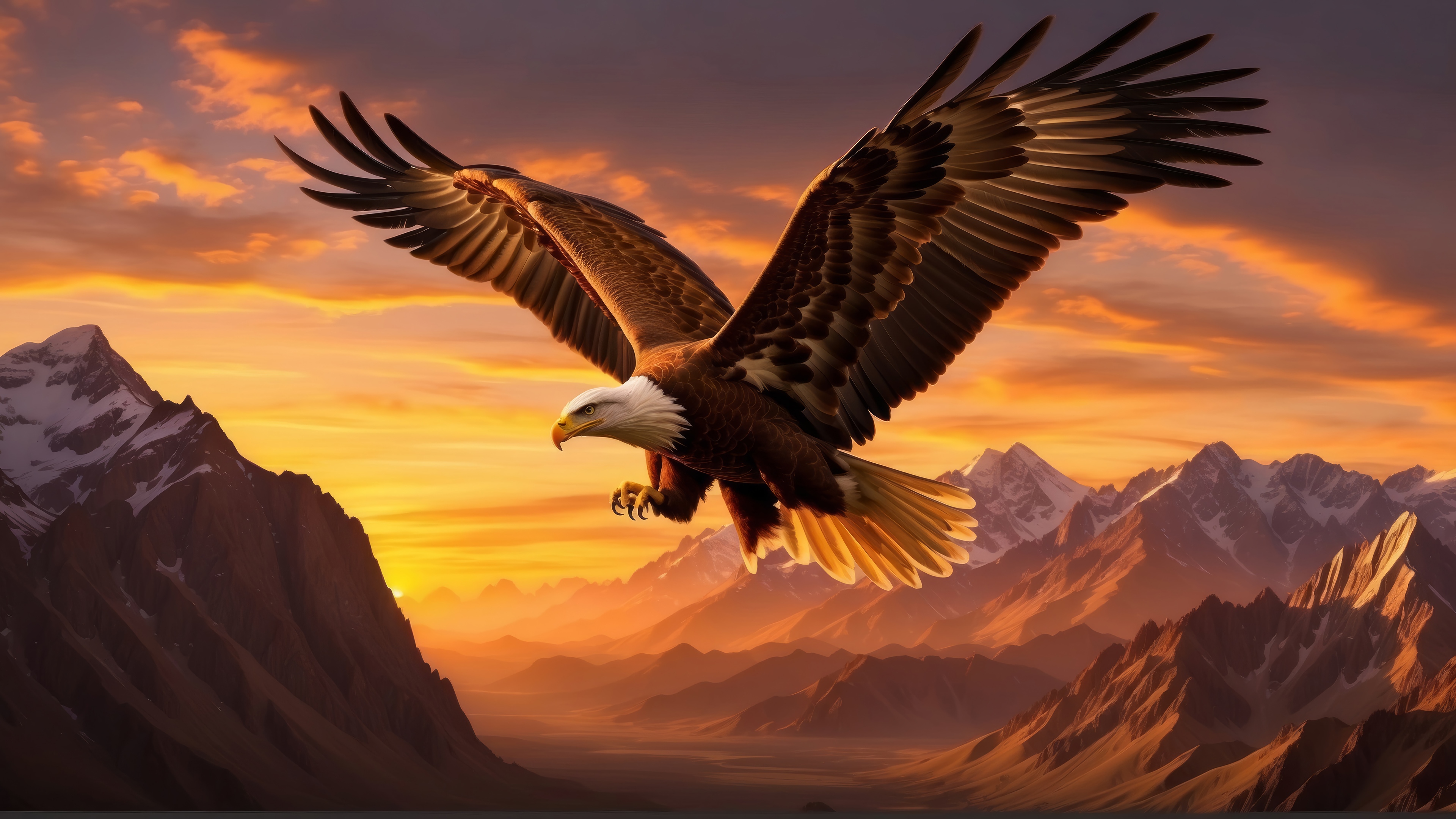 Bald Eagle Flying Over Mountains at Sunset 4K HD Wallpaper