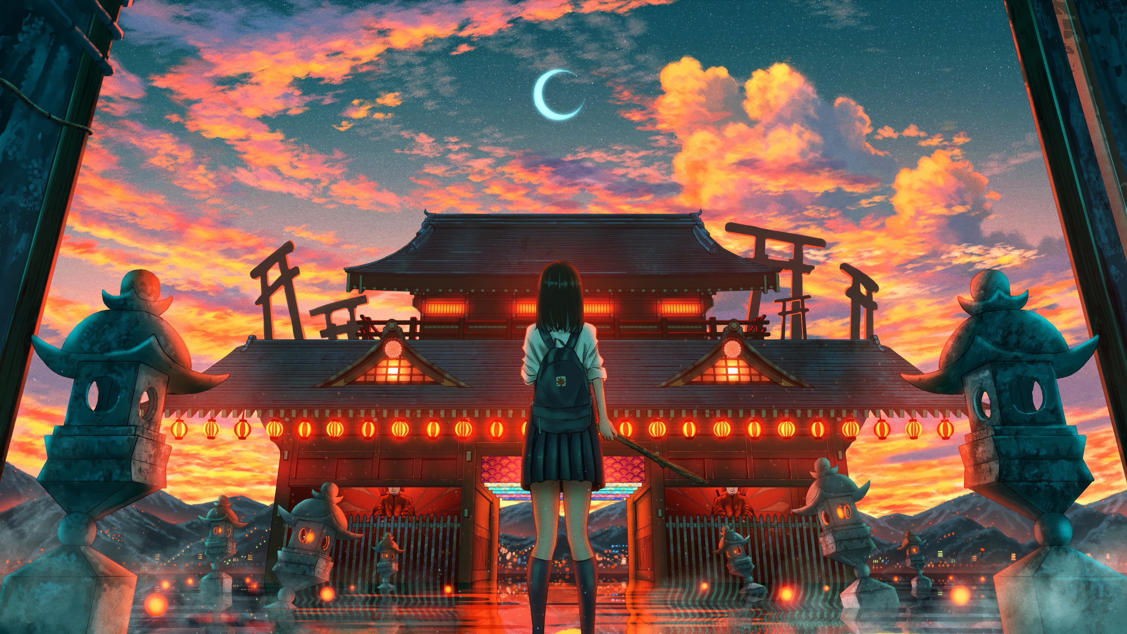 Anime Girl at Japanese Shrine During Sunset 4K HD Wallpaper
