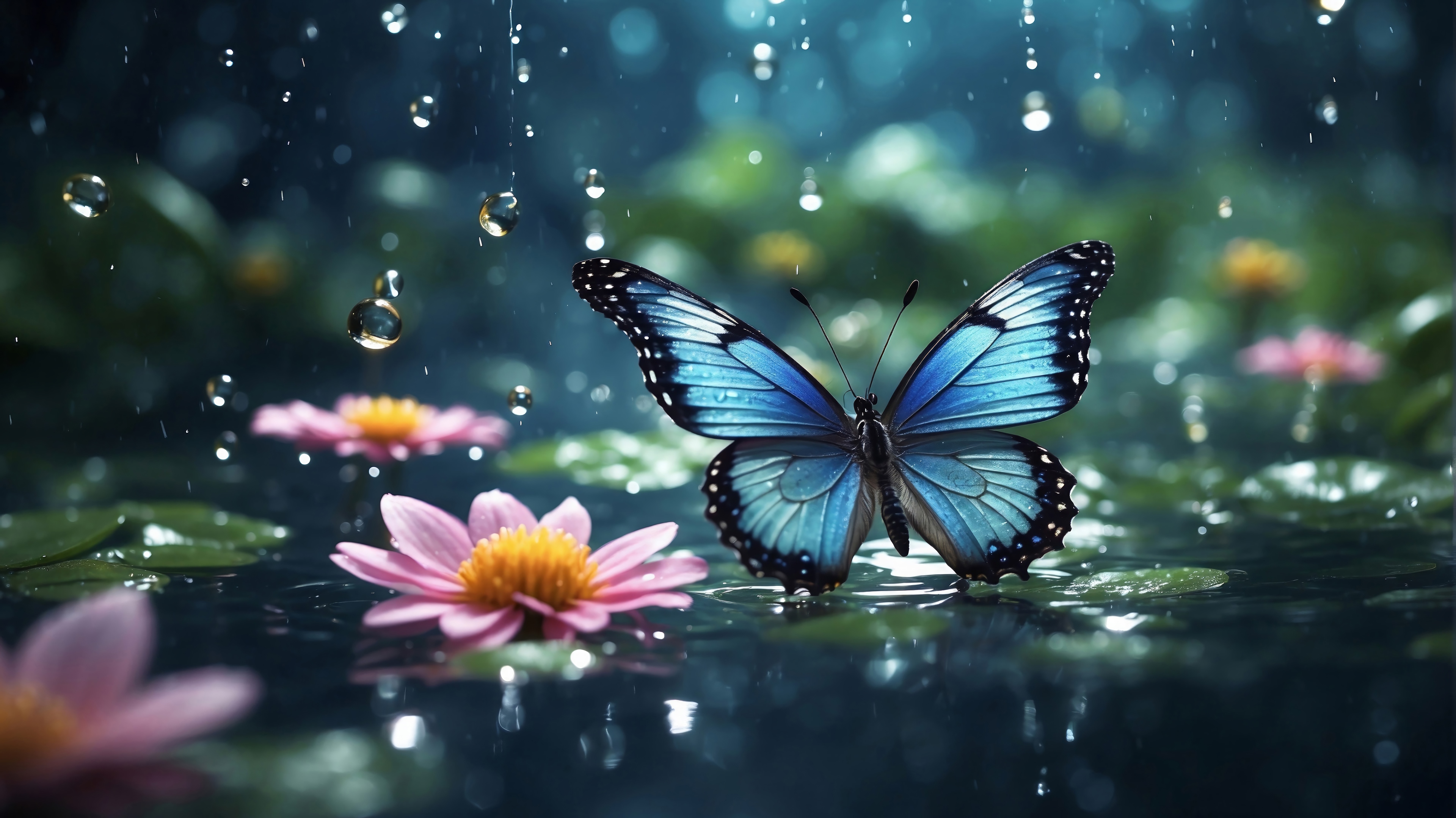 Blue Butterfly on Flowers in Rain 4K HD Wallpaper