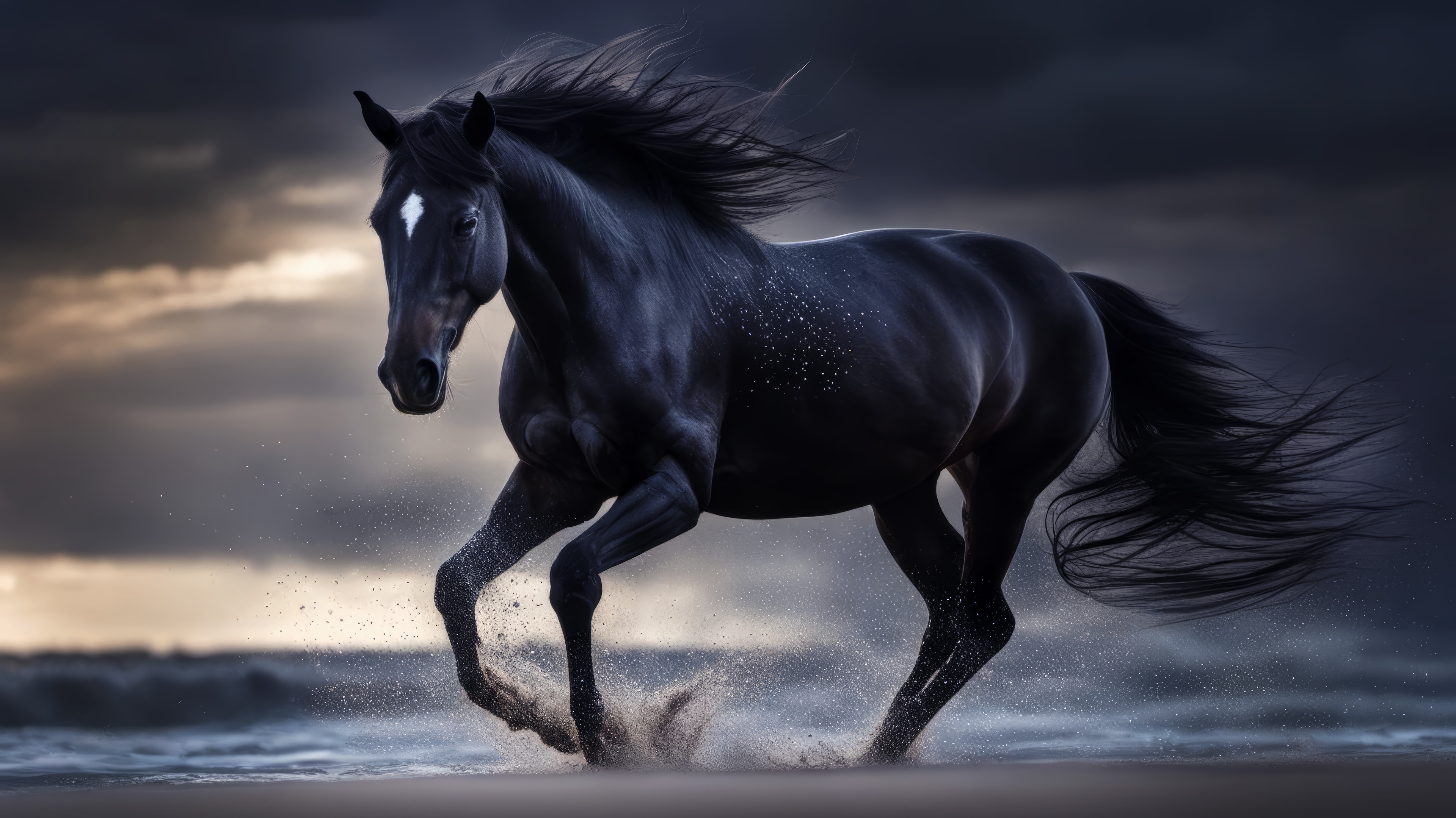 Black horse running on a beach 4K HD Wallpaper