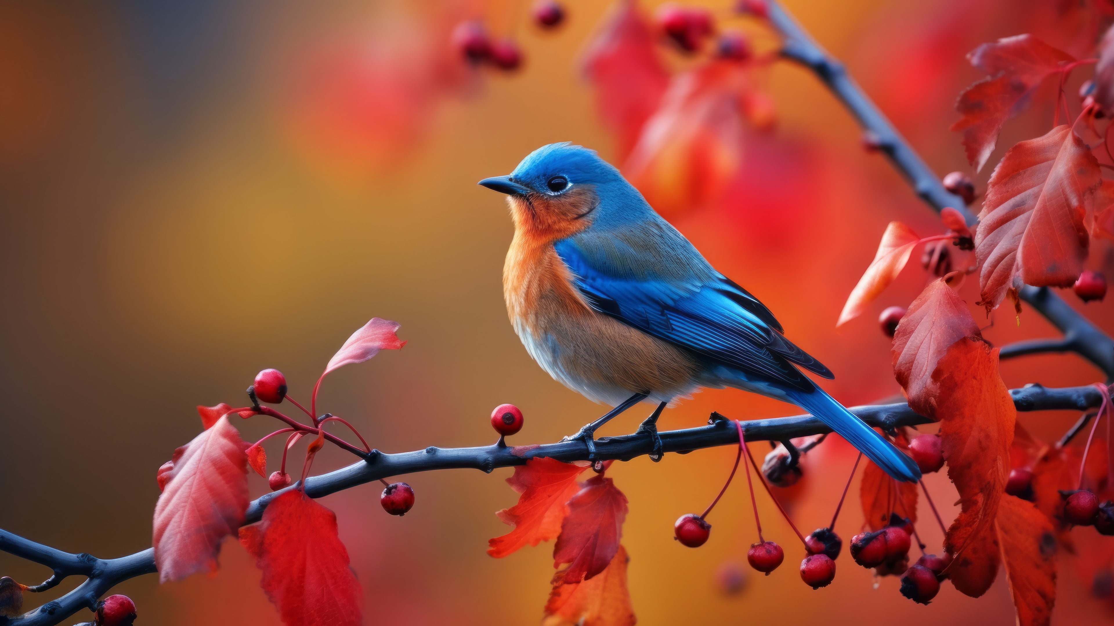 Blue bird on a branch with red leaves and berries, 4K HD Wallpaper