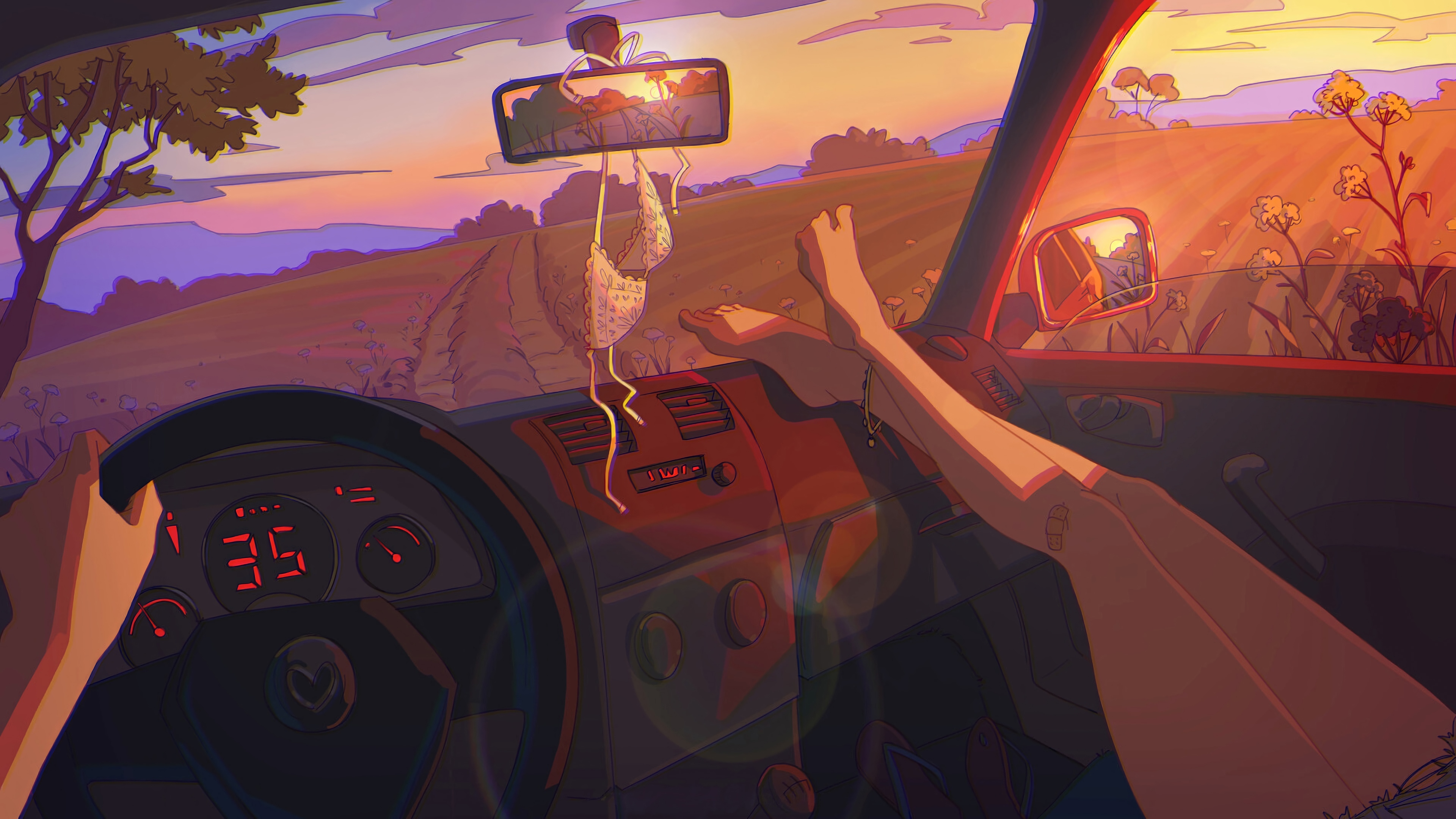 Car ride during sunset, digital art, 4K HD Wallpaper