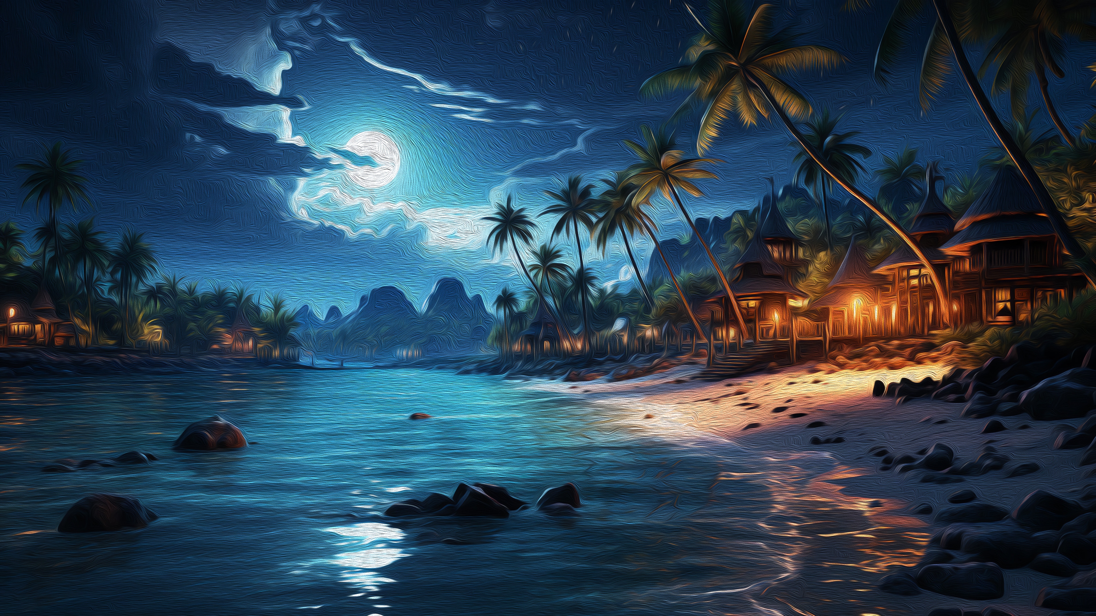 Tropical Island Beach at Night Under the Moon 4K HD Wallpaper